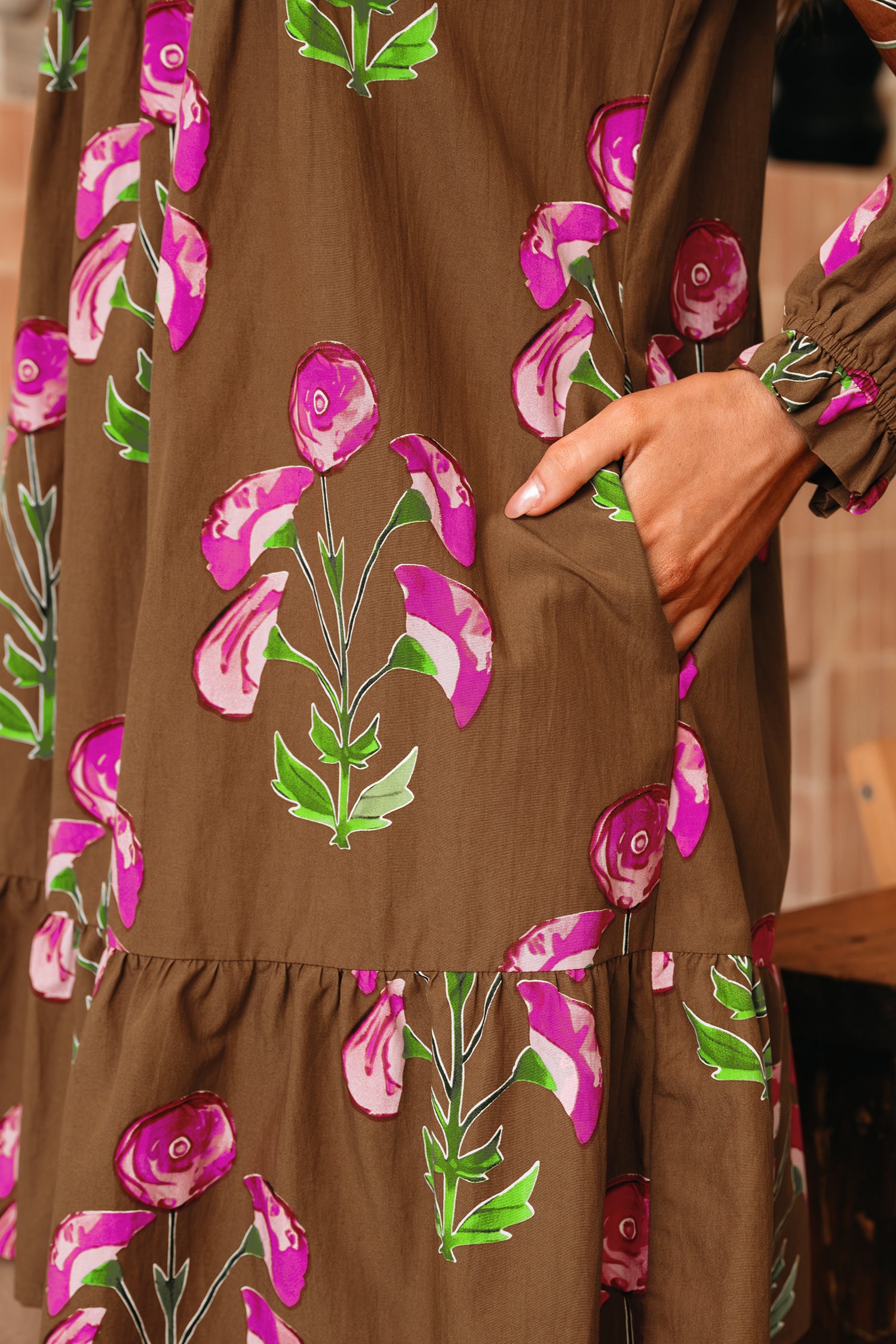 Brown Contrast Floral Print Babydoll Tunic Ruffled Hem Puff Sleeve Dress-TOPS / DRESSES-[Adult]-[Female]-2022 Online Blue Zone Planet