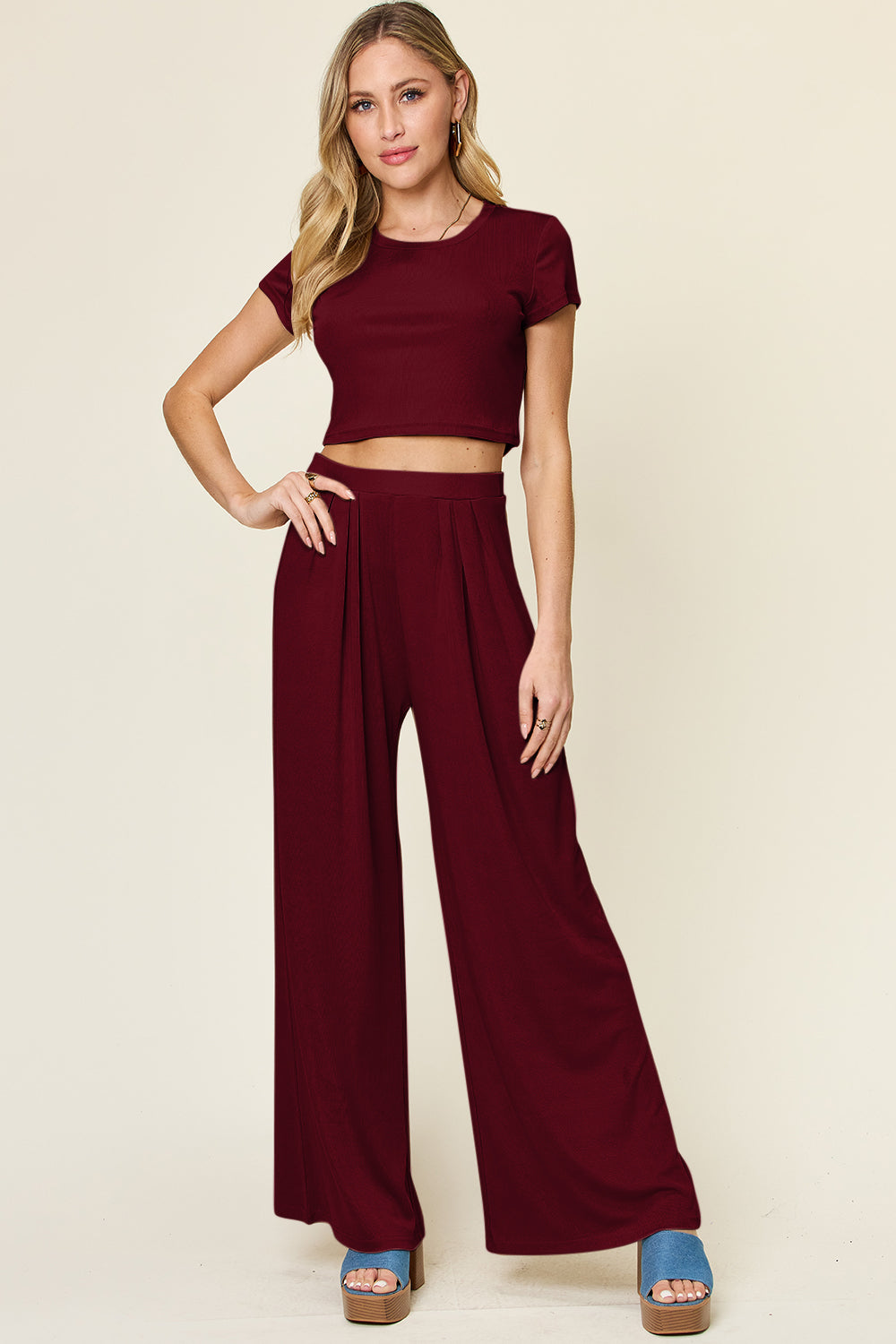 Blue Zone Planet | Double Take Full Size Round Neck Top and Pants Set-TOPS / DRESSES-[Adult]-[Female]-Burgundy-S-2022 Online Blue Zone Planet