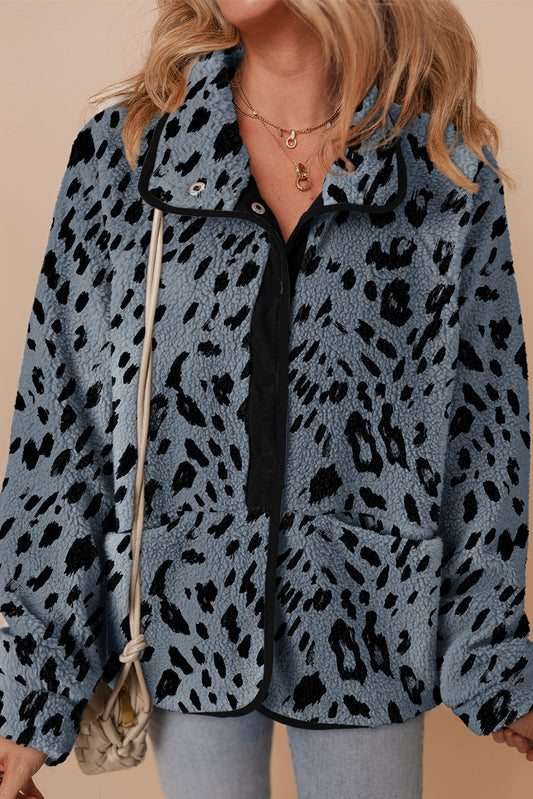 Blue Cow Print Buttoned Stand Collar Fleece Jacket-Outerwear/Jackets-[Adult]-[Female]-Blue-S-2022 Online Blue Zone Planet