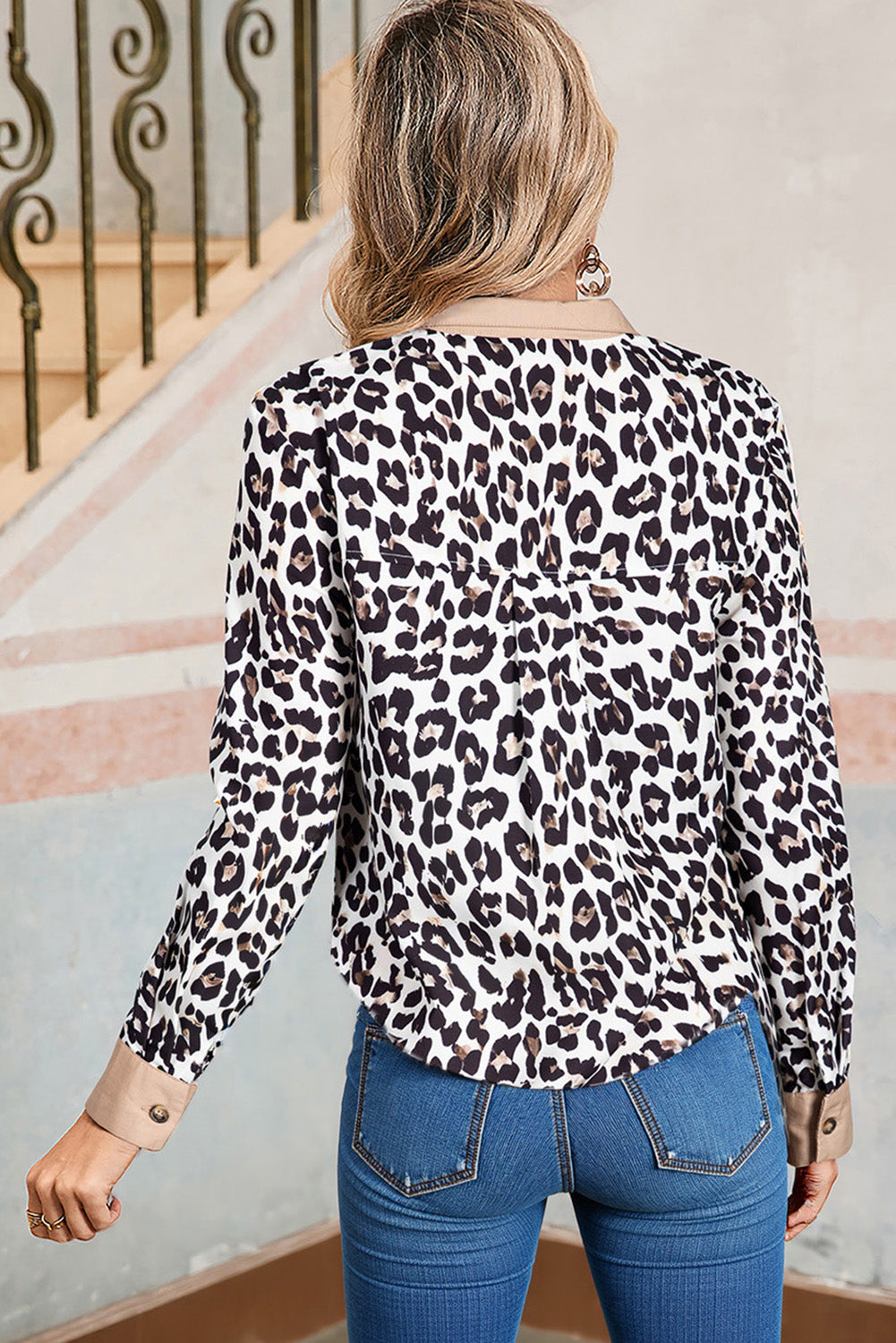 Multicolour Leopard Print Contrast Patchwork Cuffs Button Collared Top-Tops/Blouses & Shirts-[Adult]-[Female]-2022 Online Blue Zone Planet