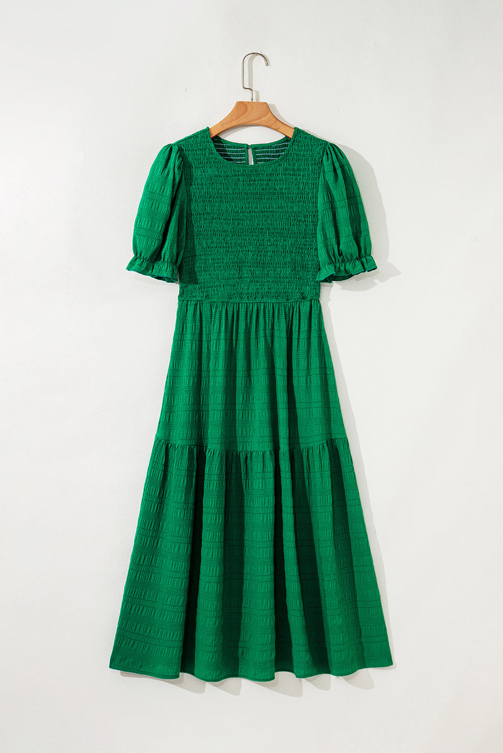 Dark Green Solid Textured Smocked Puff Short Sleeve High Waist Long Dress-TOPS / DRESSES-[Adult]-[Female]-2022 Online Blue Zone Planet