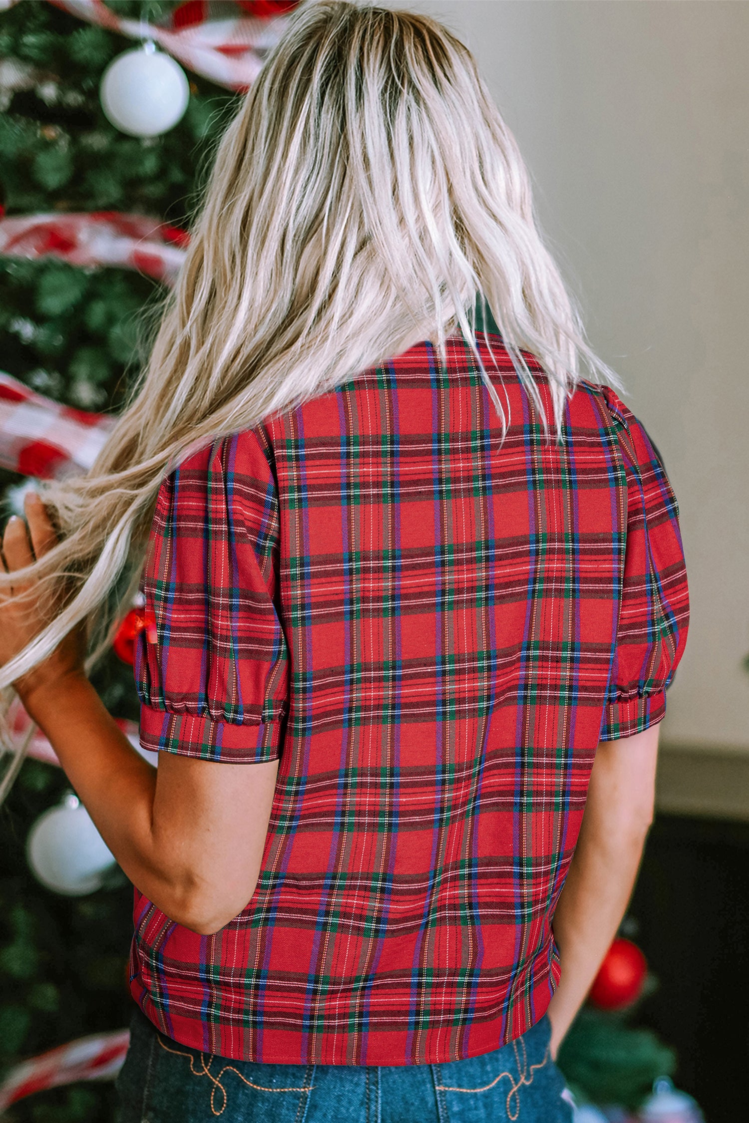 Red Plaid Print Contrast Trim V Neck Short Sleeve Blouse-Tops/Blouses & Shirts-[Adult]-[Female]-2022 Online Blue Zone Planet