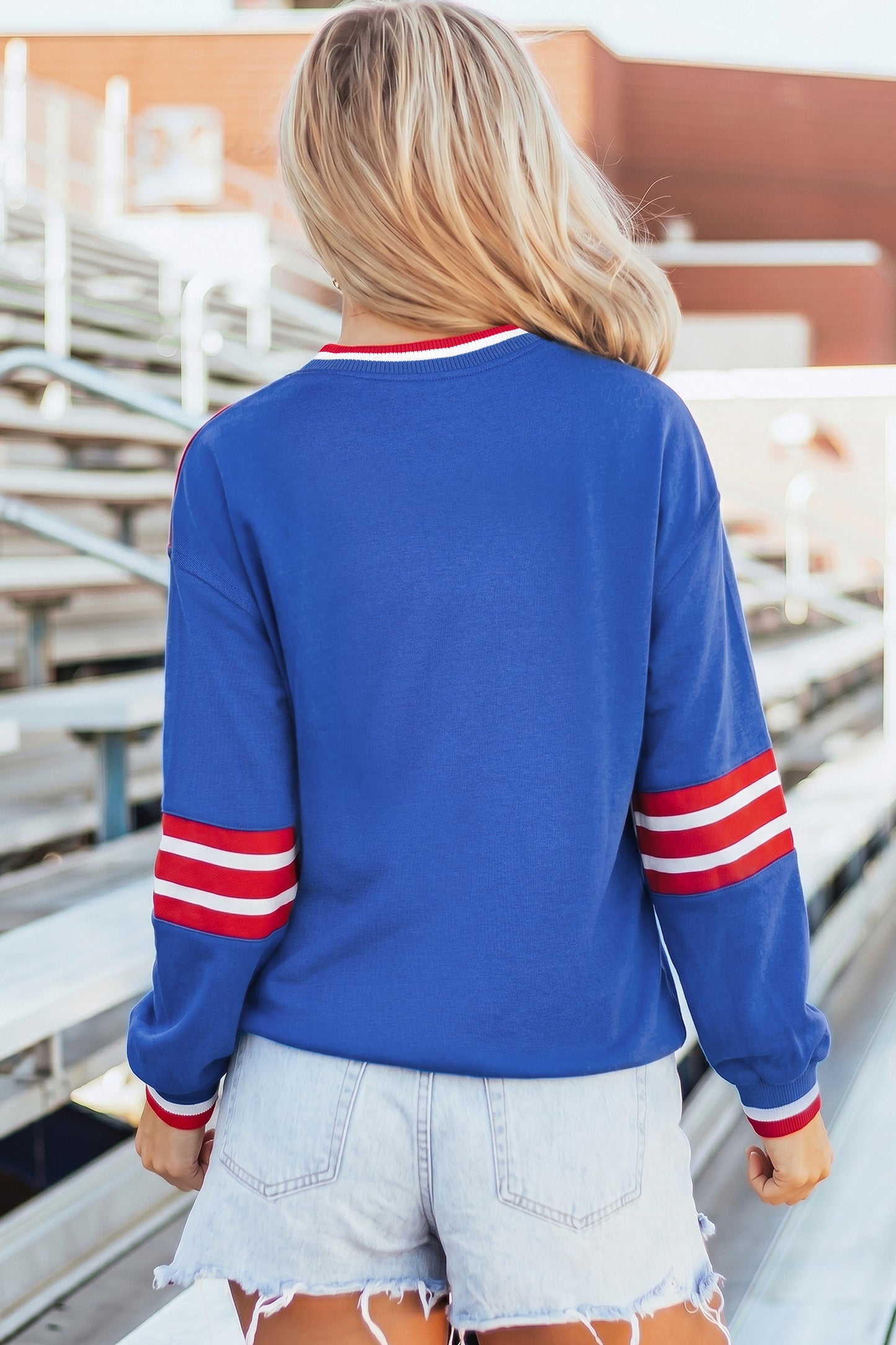 Sky Blue Abstract Racing Graphic Embroidered Patchwork Long Sleeve Sweatshirt
