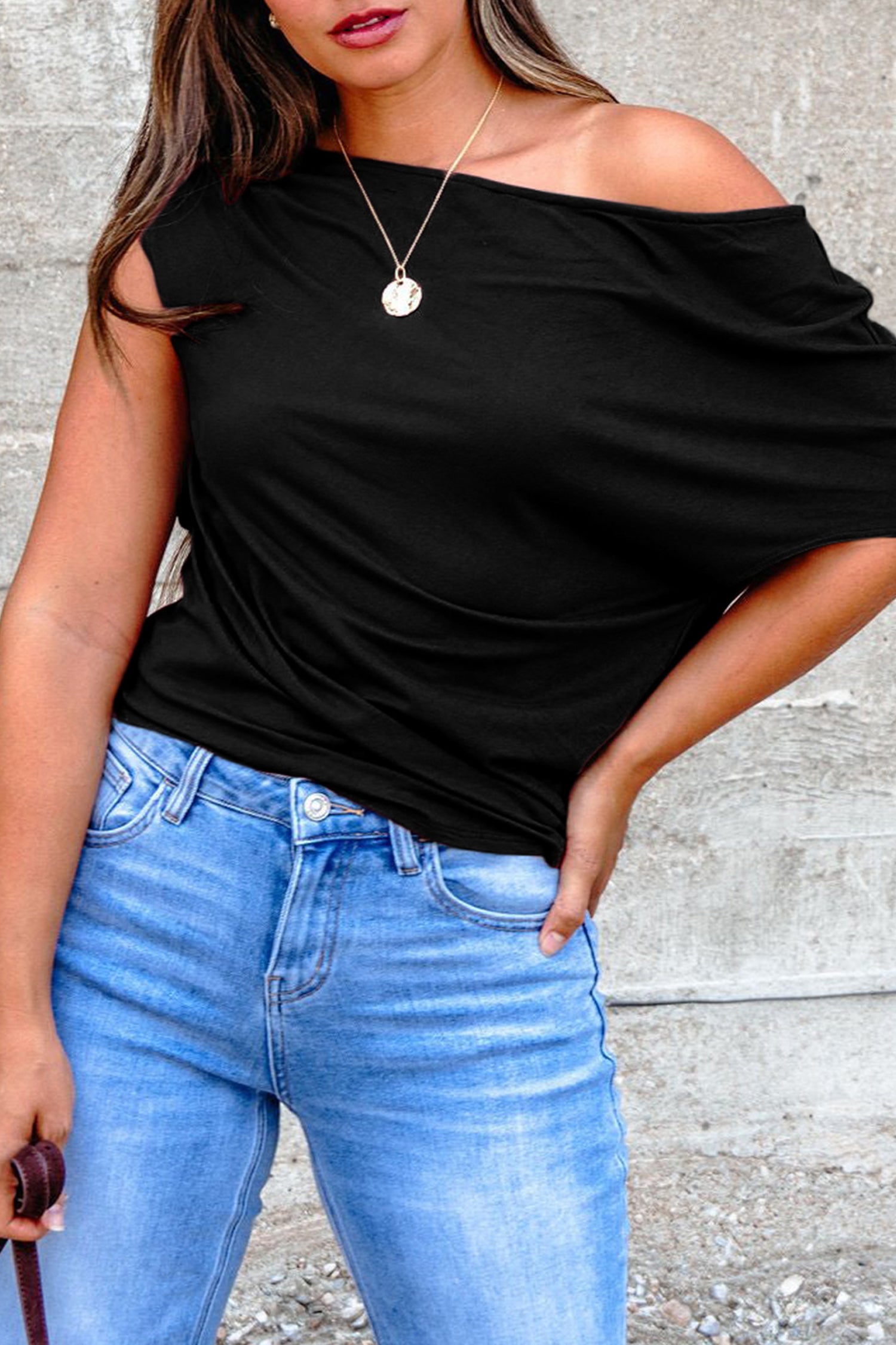 Black Plus Size Solid Color Asymmetric Neck Short Sleeve Blouse-Plus Size/Plus Size Tops/Plus Size Tops & Tees-[Adult]-[Female]-Black-L-2022 Online Blue Zone Planet