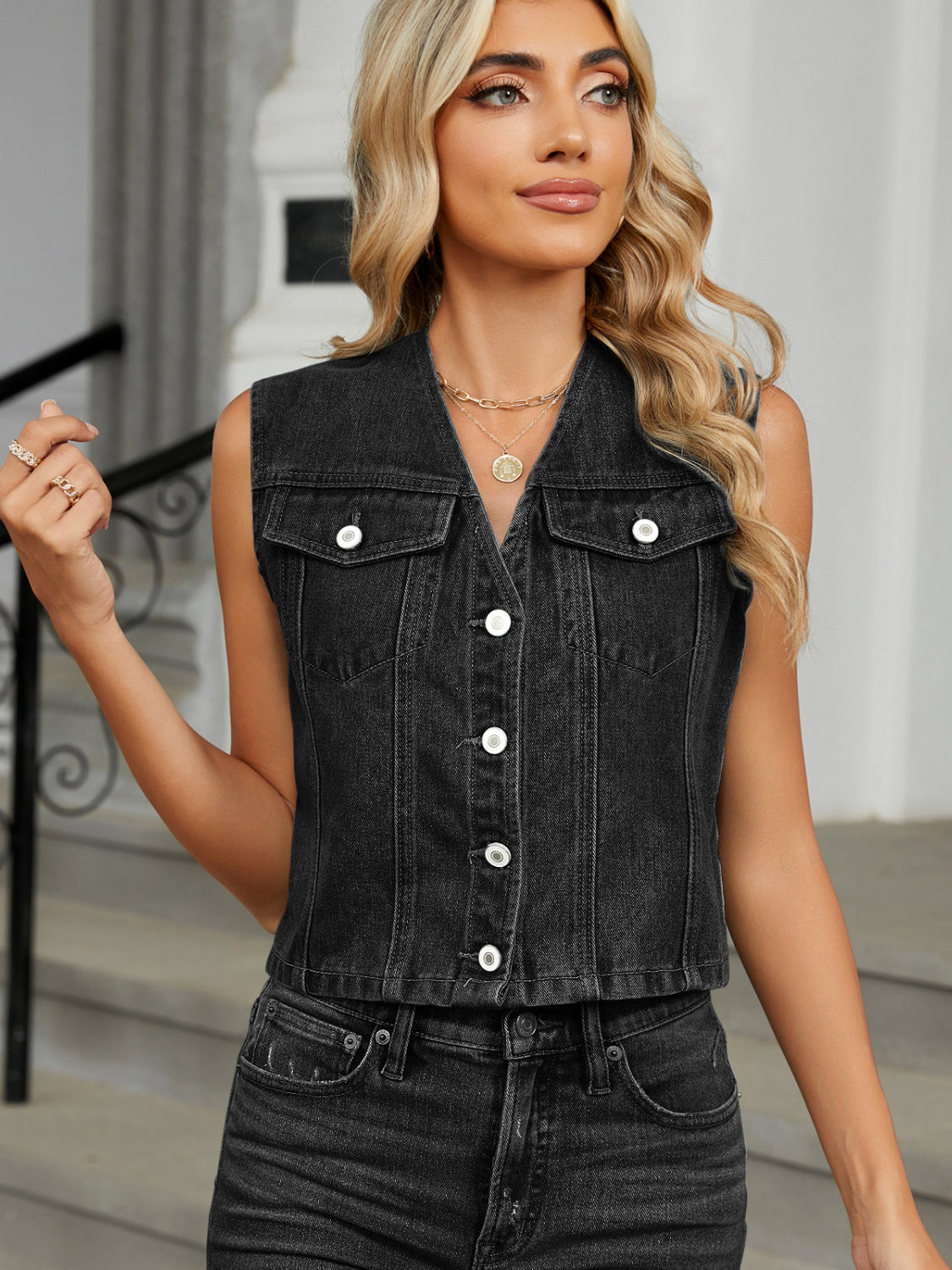 Blue Zone Planet | V-Neck Button Down Denim Vest-TOPS / DRESSES-[Adult]-[Female]-Black-S-2022 Online Blue Zone Planet