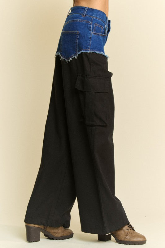 Davi & Dani Denim Patchwork Wide Leg Pants with Cargo Pockets-BOTTOM SIZES SMALL MEDIUM LARGE-[Adult]-[Female]-2022 Online Blue Zone Planet