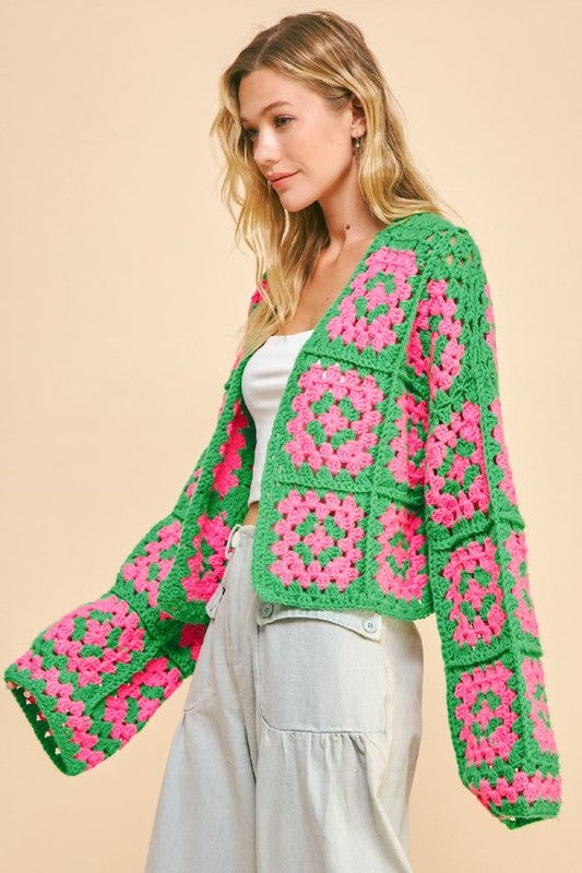 Blue Zone Planet | Davi & Dani Full Size Two Tone Flower Square Crochet Open Front Cardigan-TOPS / DRESSES-[Adult]-[Female]-2022 Online Blue Zone Planet