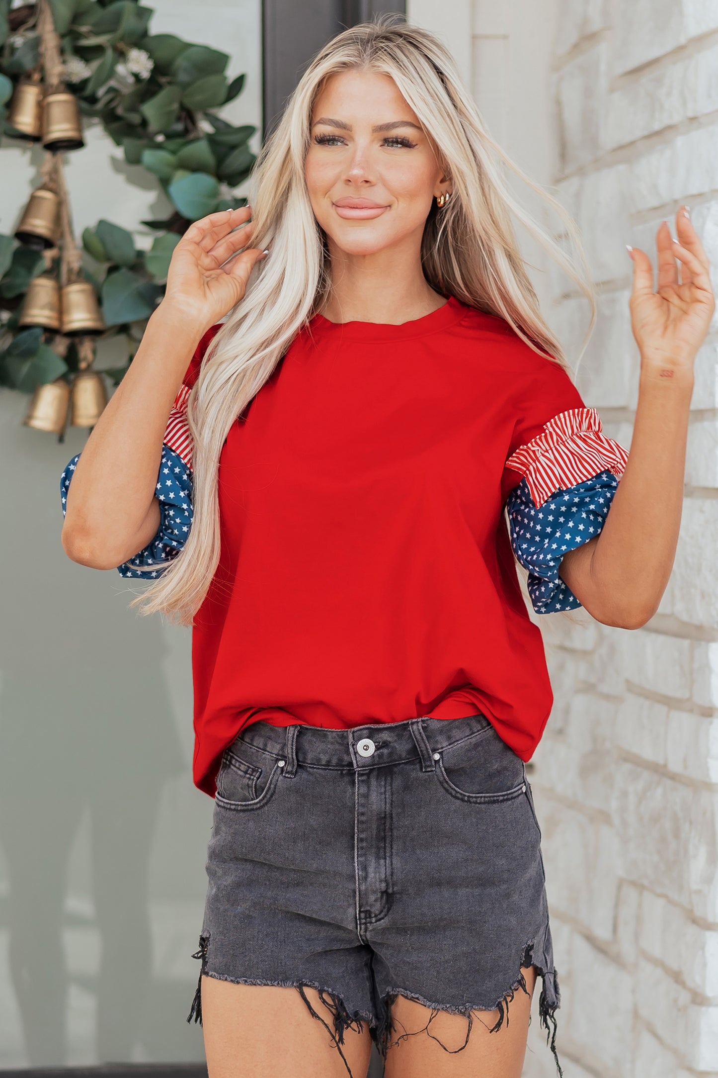Fiery Red Stars Stripes Short Puff Sleeve Top-Tops/Tops & Tees-[Adult]-[Female]-2022 Online Blue Zone Planet