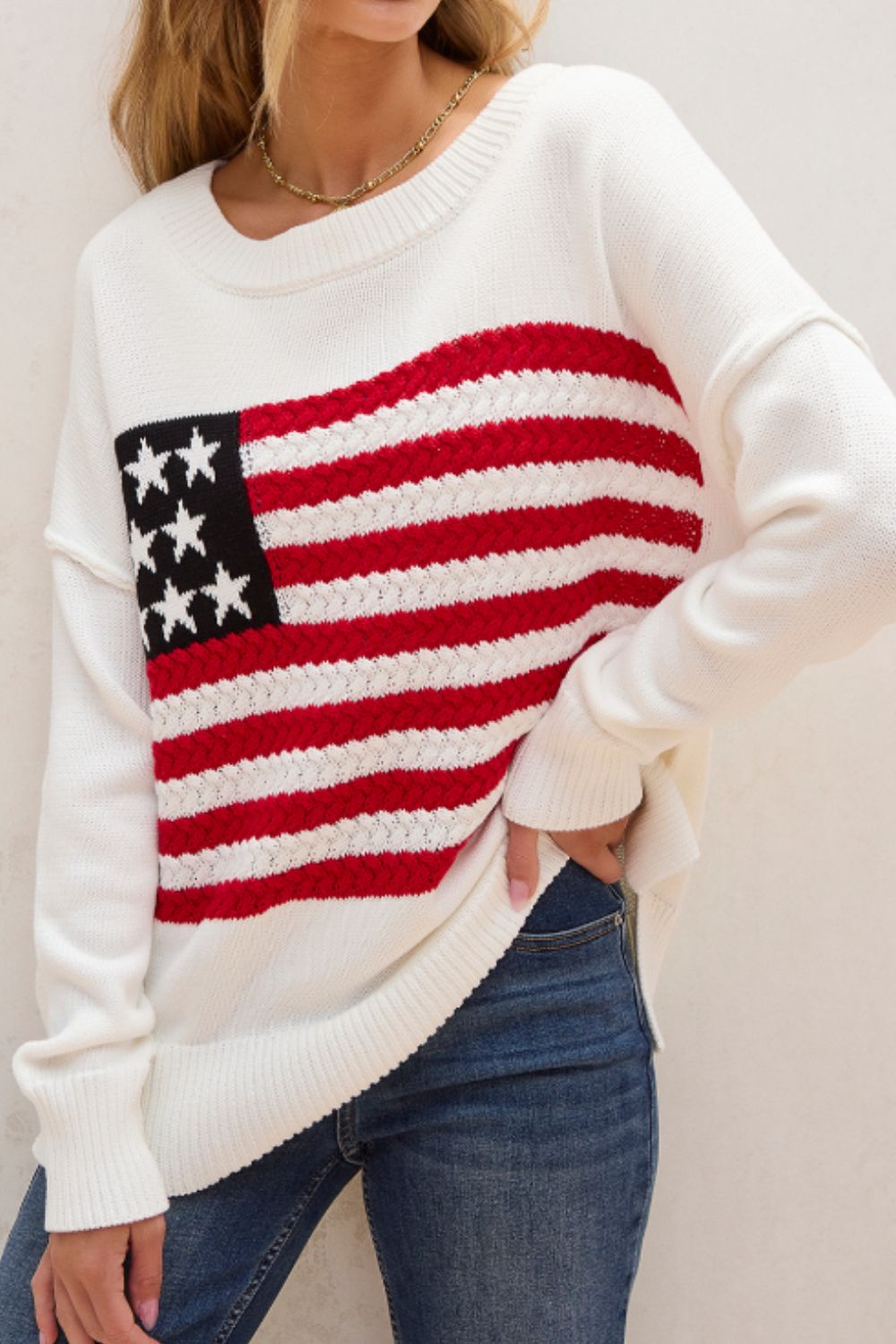 US Flag Side Slit Drop Shoulder Sweater-TOPS / DRESSES-[Adult]-[Female]-2022 Online Blue Zone Planet