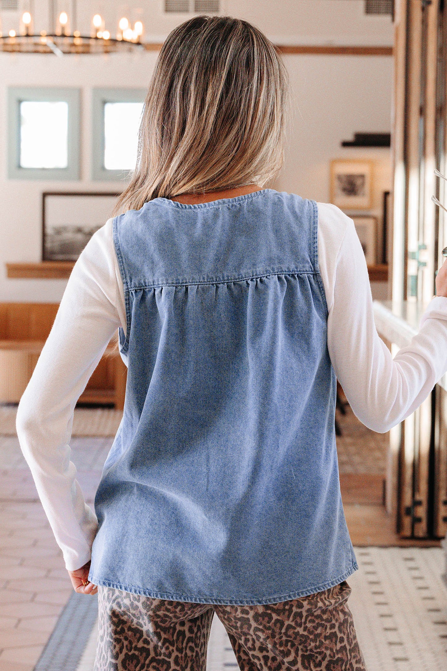 Myosotis Denim Pleated Patchwork Sleeveless Top-Tops/Tank Tops-[Adult]-[Female]-2022 Online Blue Zone Planet