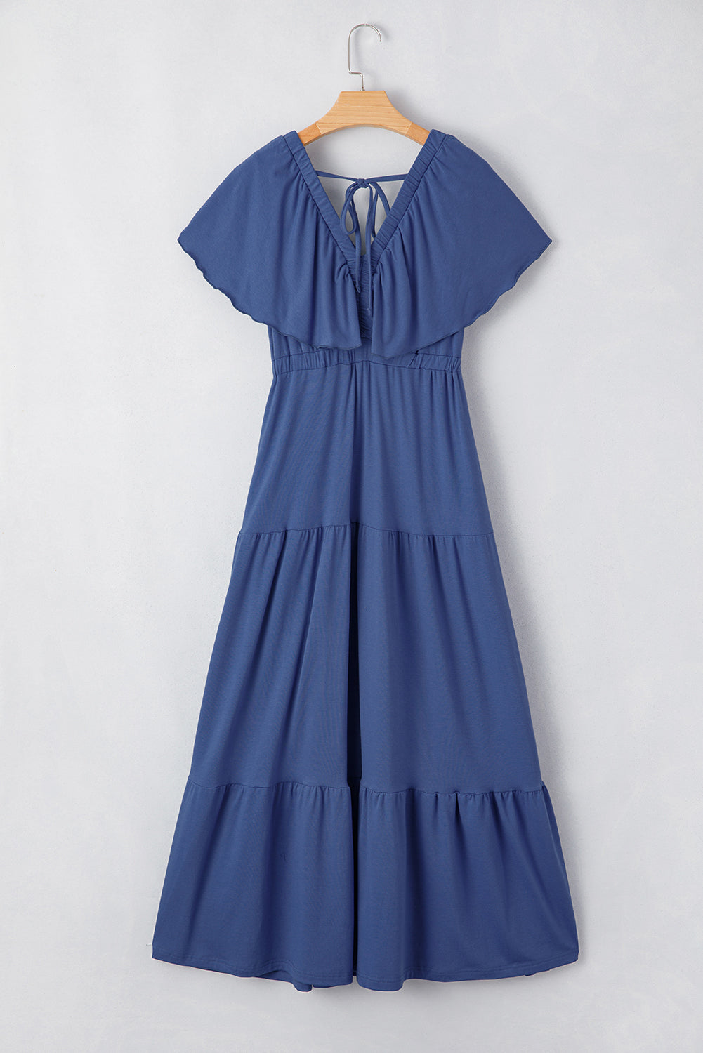 Navy Blue Textured V Neck Flutter Sleeve Ruffled Maxi Dress-TOPS / DRESSES-[Adult]-[Female]-2022 Online Blue Zone Planet