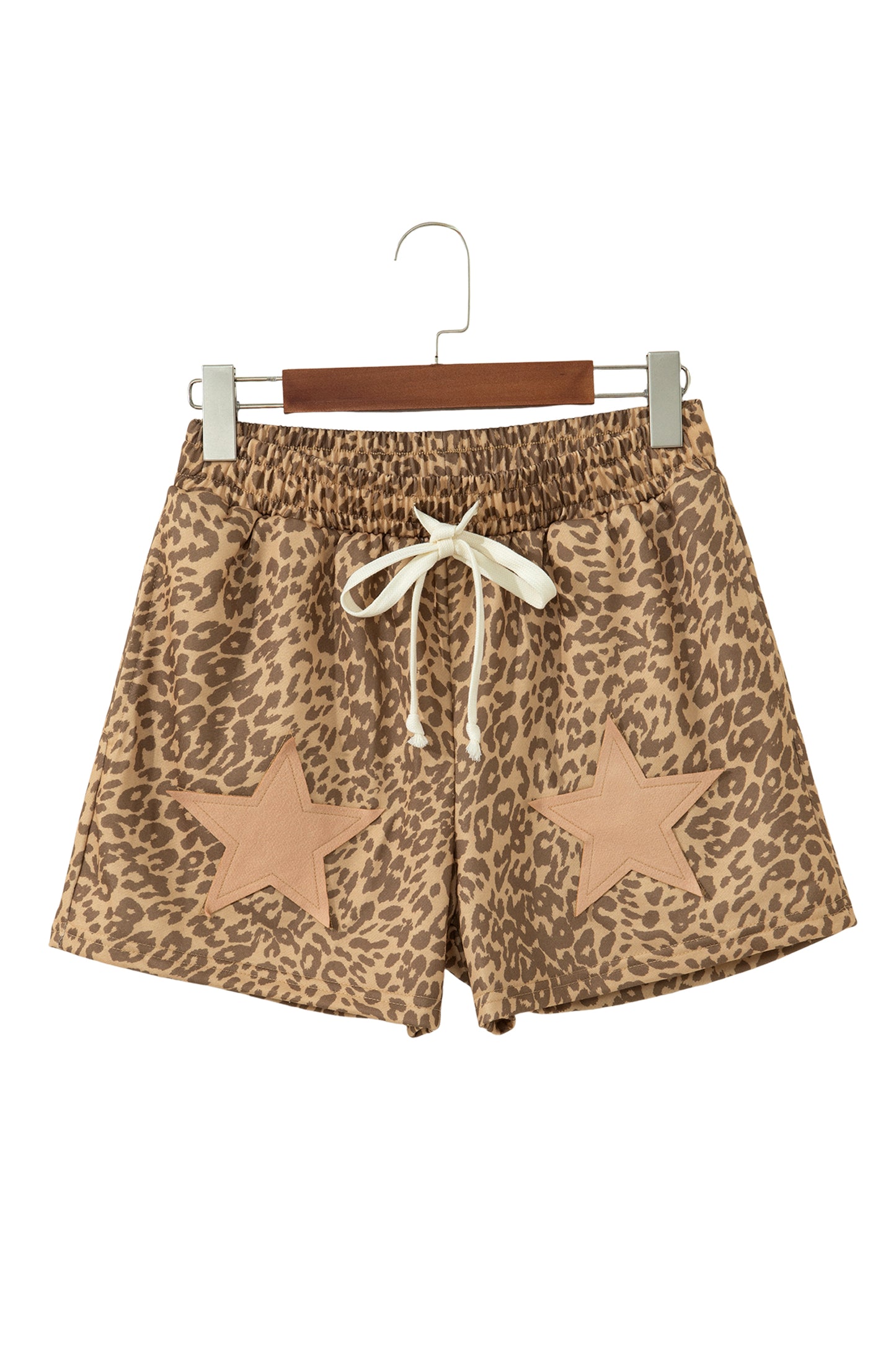 Khaki Leopard Drawstring Elastic Waist Star Patched Shorts-Bottoms/Casual Shorts-[Adult]-[Female]-2022 Online Blue Zone Planet