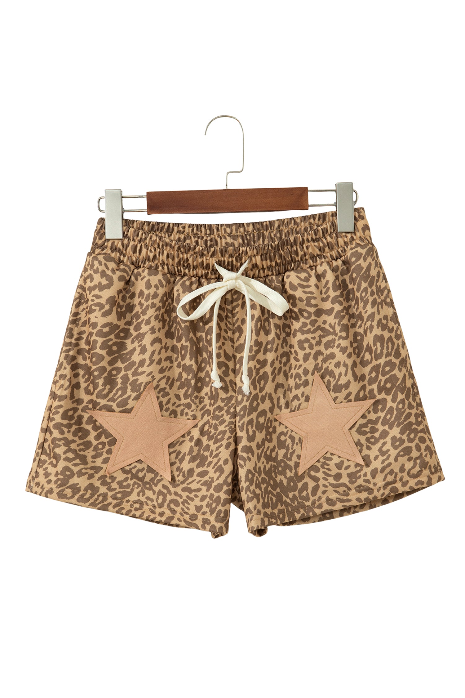 Khaki Leopard Drawstring Elastic Waist Star Patched Shorts-Bottoms/Casual Shorts-[Adult]-[Female]-2022 Online Blue Zone Planet