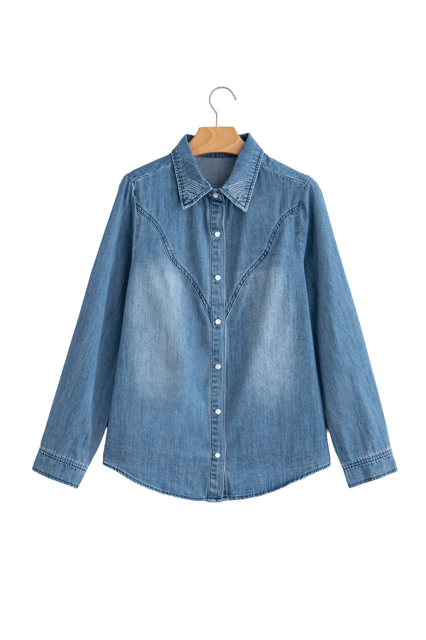 Myosotis Embroidered Western Detail Long Sleeve Collar Shirt-Tops/Blouses & Shirts-[Adult]-[Female]-2022 Online Blue Zone Planet
