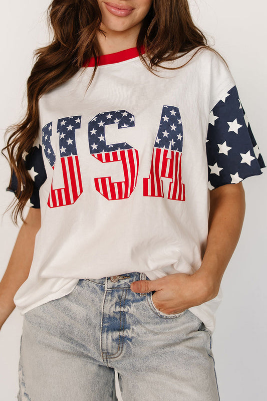 Jet Stream Flag Print Usa Graphic Patchwork Casual Tee-Tops/Tops & Tees-[Adult]-[Female]-Jet Stream-S-2022 Online Blue Zone Planet