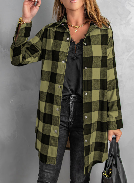 Fiery Red Turn-down Collar Plaid Shirt Coat-Outerwear/Coats-[Adult]-[Female]-Green-S-2022 Online Blue Zone Planet