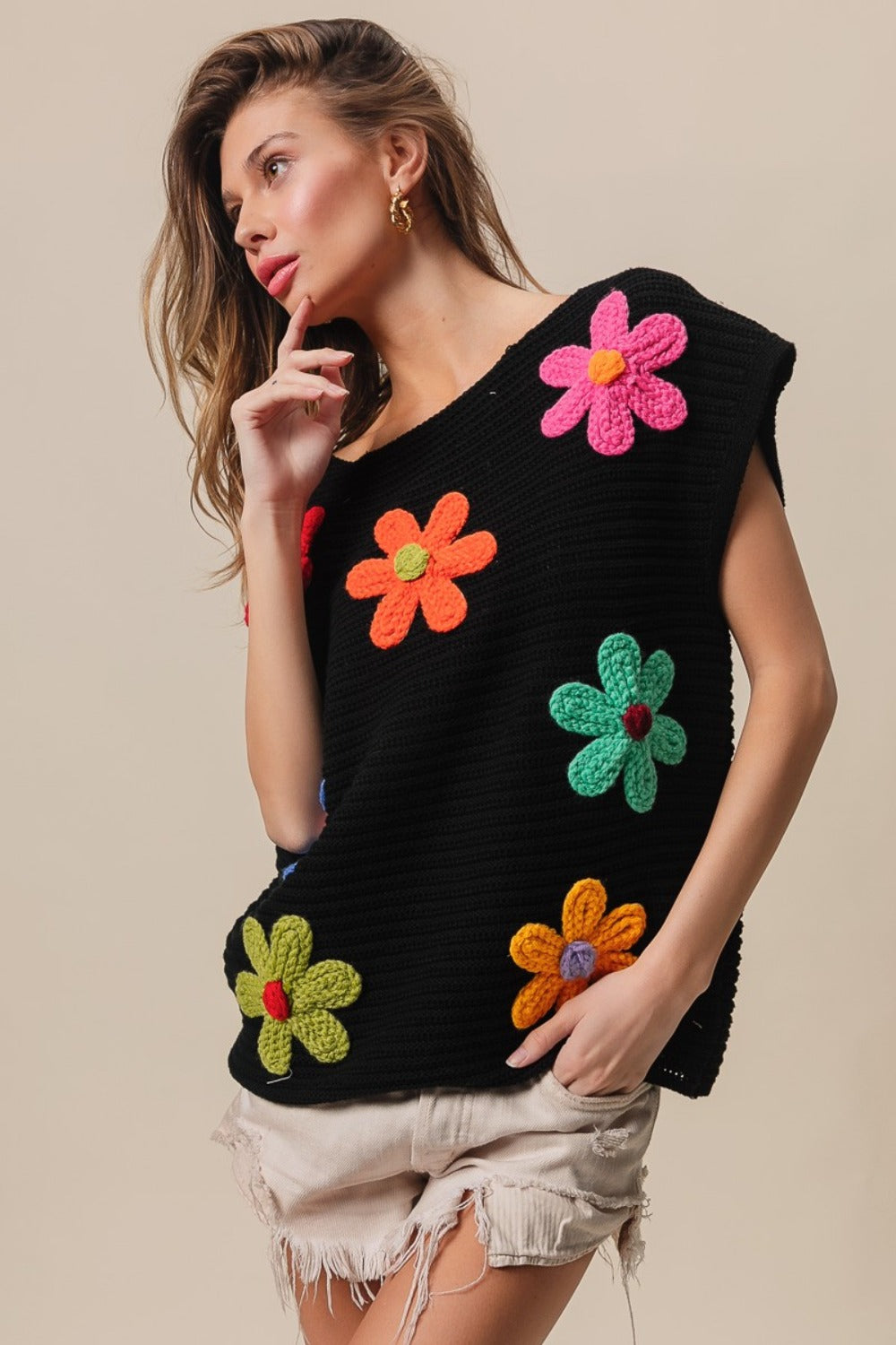 BiBi Flower Round Neck Cap Sleeve Knit Top-TOPS / DRESSES-[Adult]-[Female]-2022 Online Blue Zone Planet