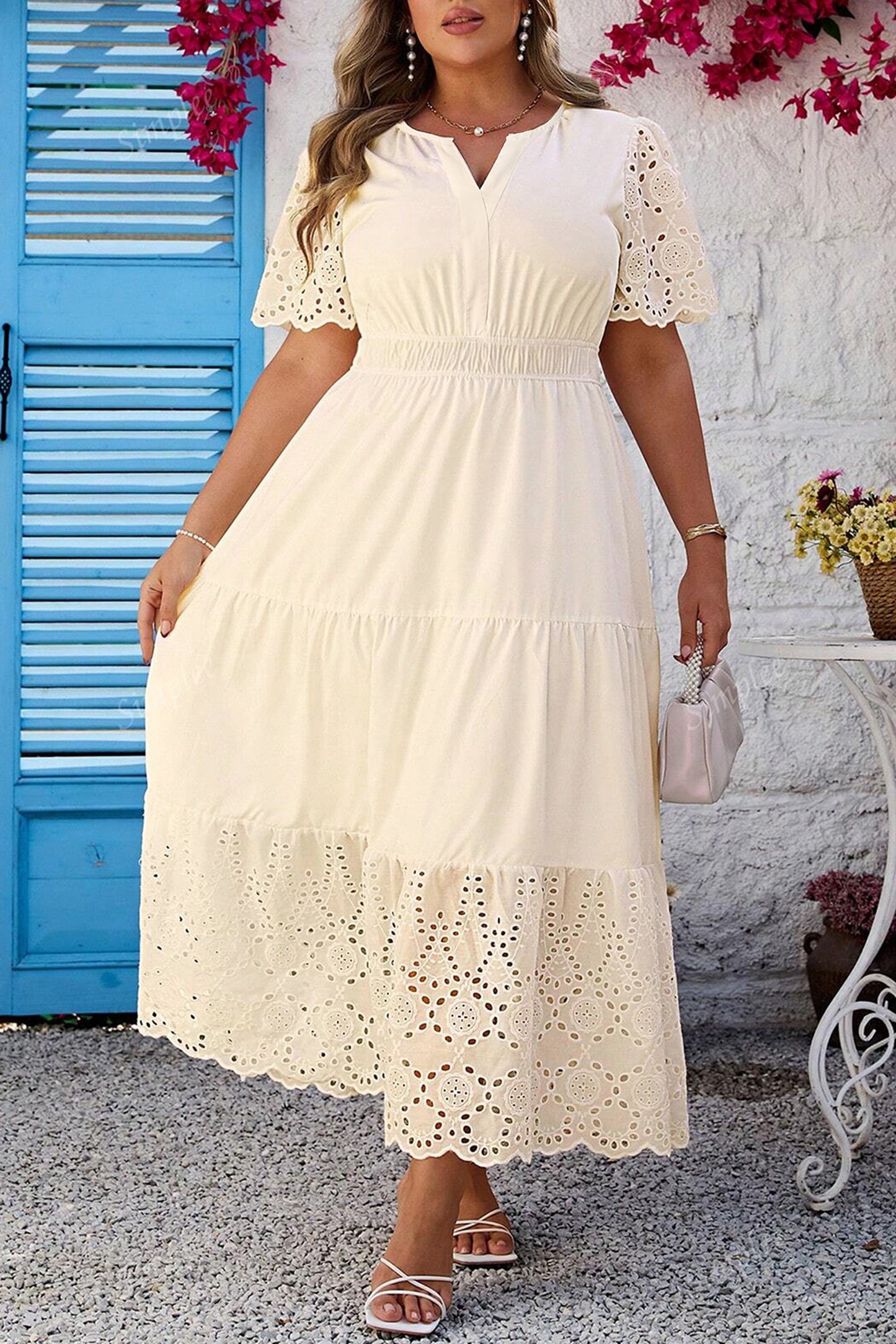 Apricot Plus Size V Neck Lacy Embroidery Patchwork Short Sleeve Maxi Dress-Plus Size/Plus Size Dresses/Plus Size Maxi Dresses-[Adult]-[Female]-Apricot-1X-2022 Online Blue Zone Planet