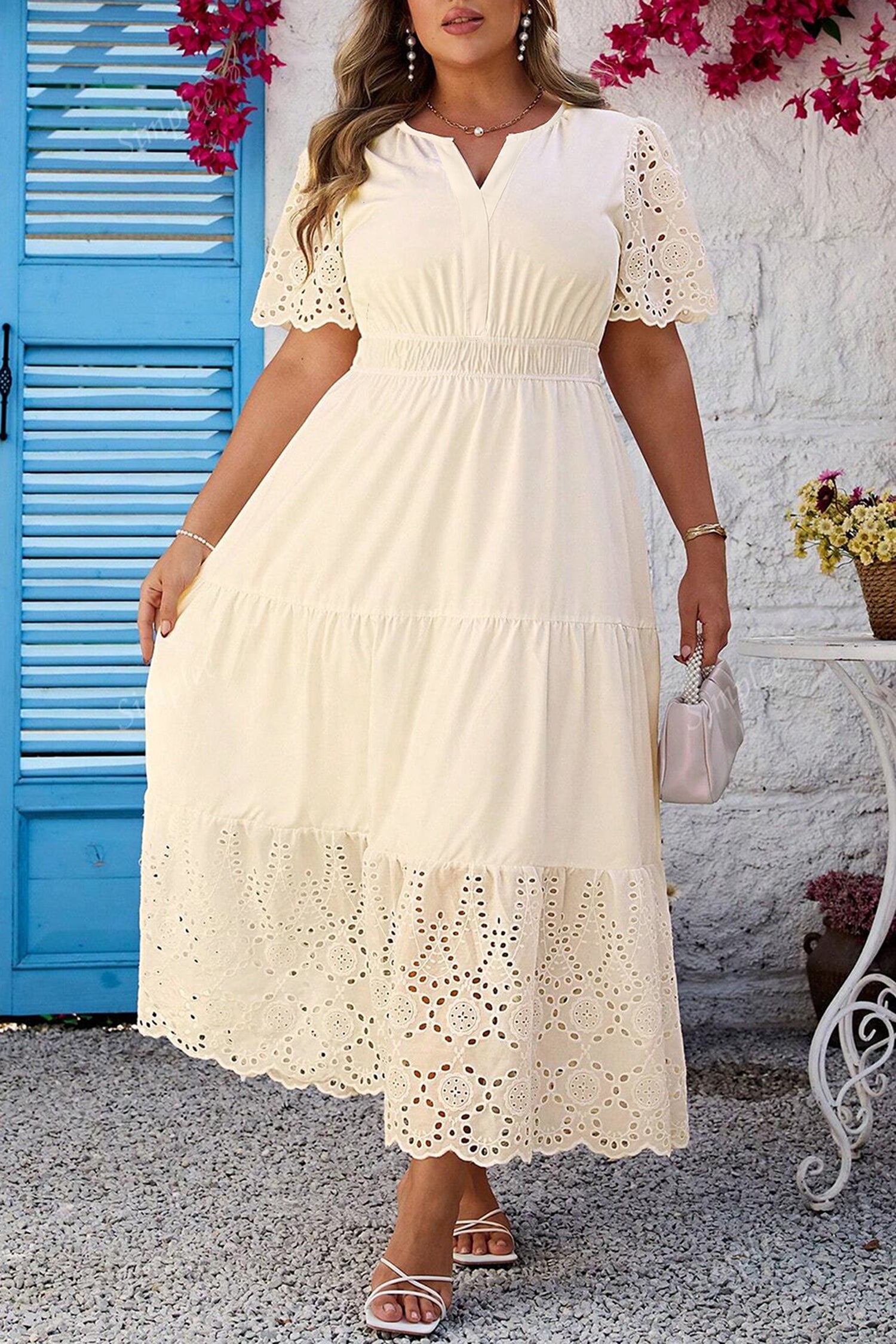 Apricot Plus Size V Neck Lacy Embroidery Patchwork Short Sleeve Maxi Dress-Plus Size/Plus Size Dresses/Plus Size Maxi Dresses-[Adult]-[Female]-Apricot-1X-2022 Online Blue Zone Planet