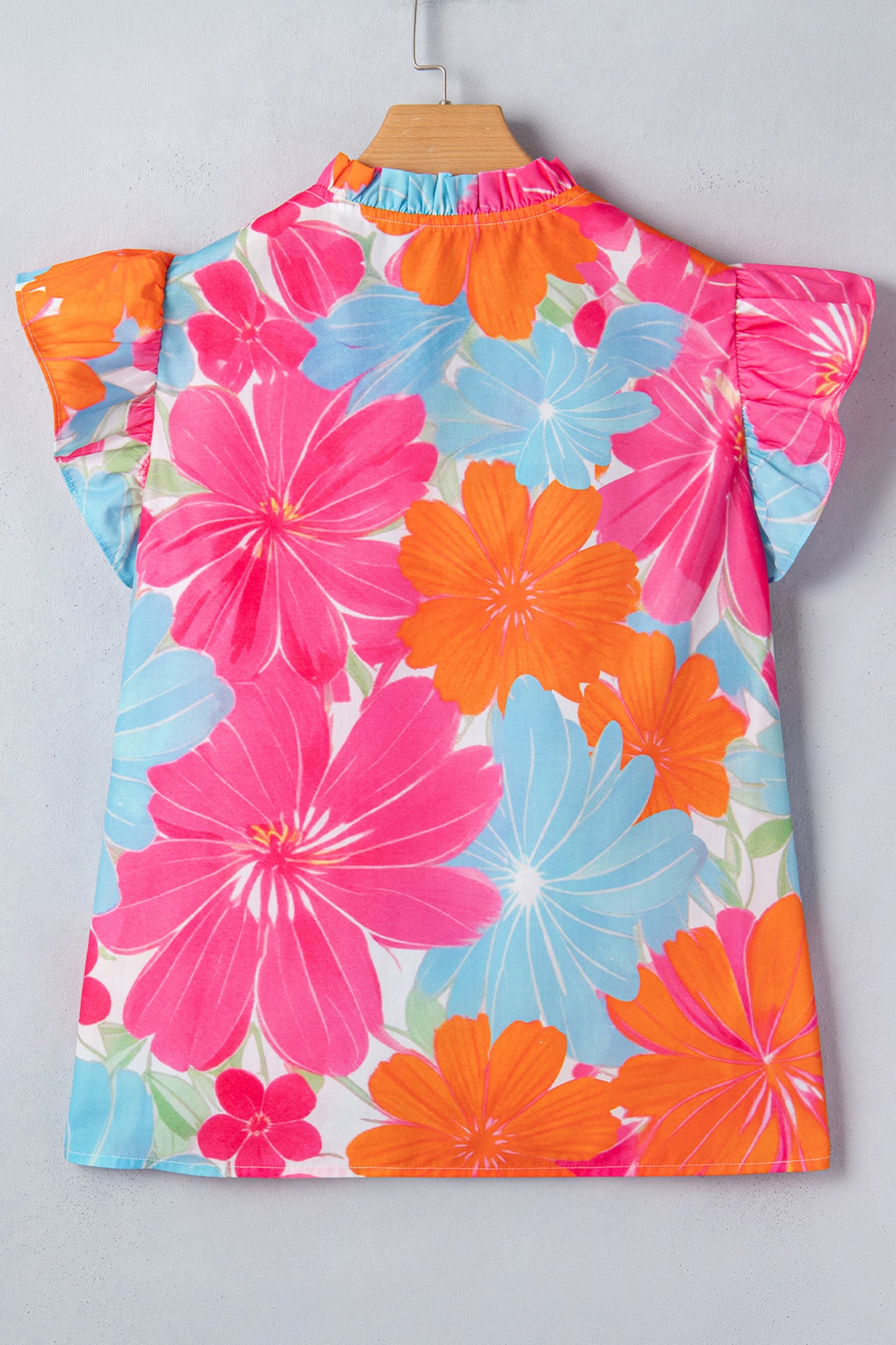 Multicolour Vibrant Flower Printed Tie V Neck Ruffle Trim Sleeveless Blouse-Tops/Blouses & Shirts-[Adult]-[Female]-2022 Online Blue Zone Planet