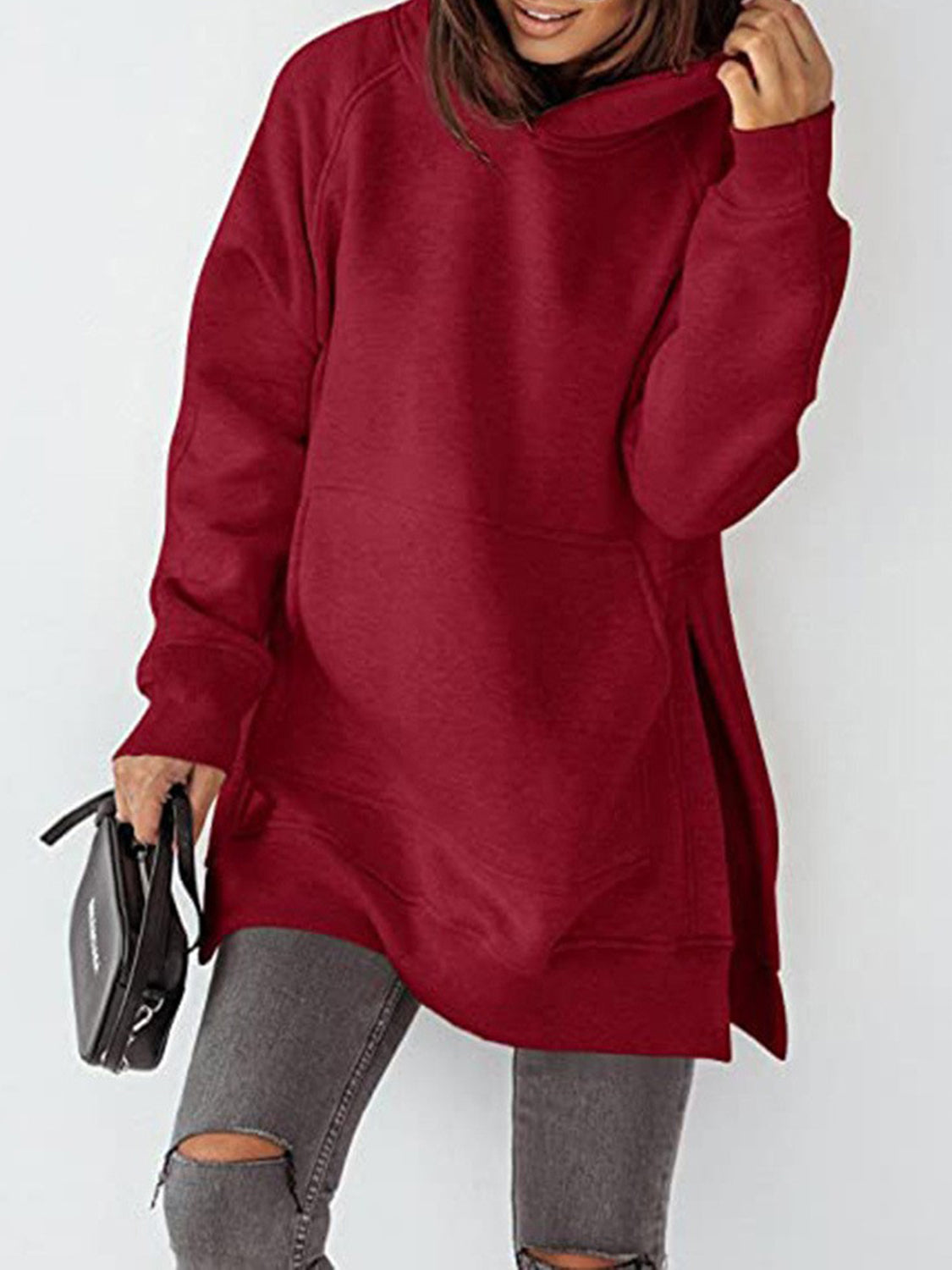 Slit Pocketed Raglan Sleeve Hoodie-HOODIES-[Adult]-[Female]-Burgundy-S-2022 Online Blue Zone Planet