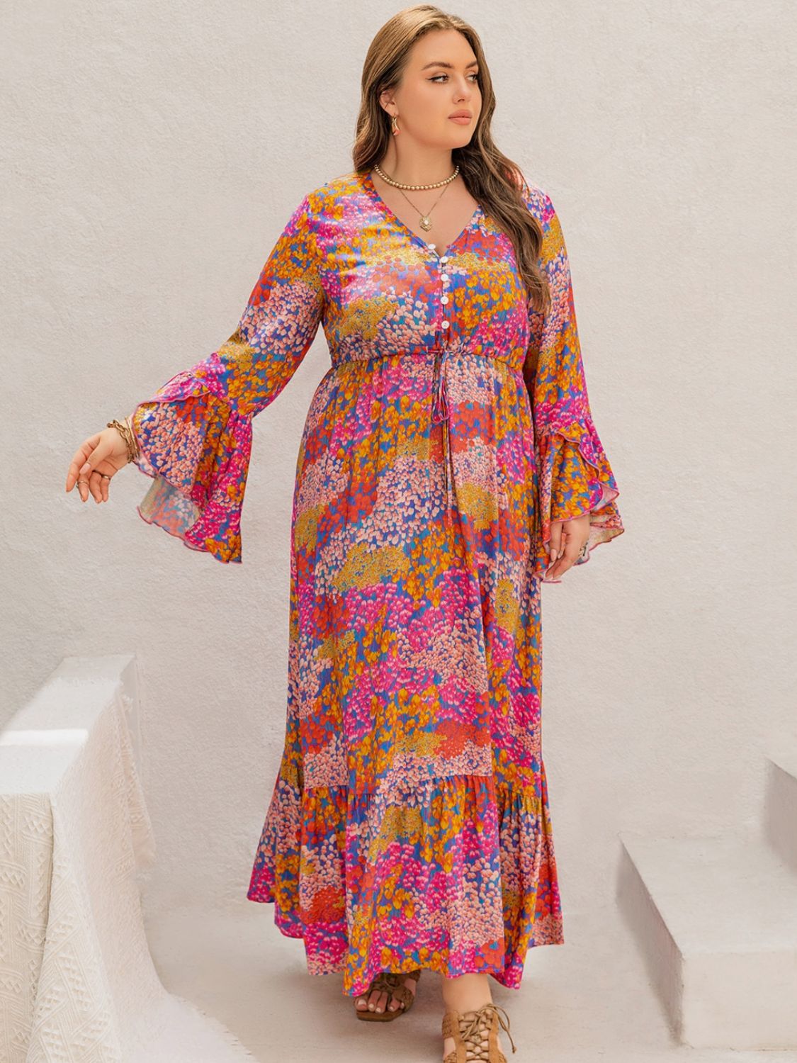 Blue Zone Planet | Plus Size Printed V-Neck Long Sleeve Maxi Dress-TOPS / DRESSES-[Adult]-[Female]-2022 Online Blue Zone Planet