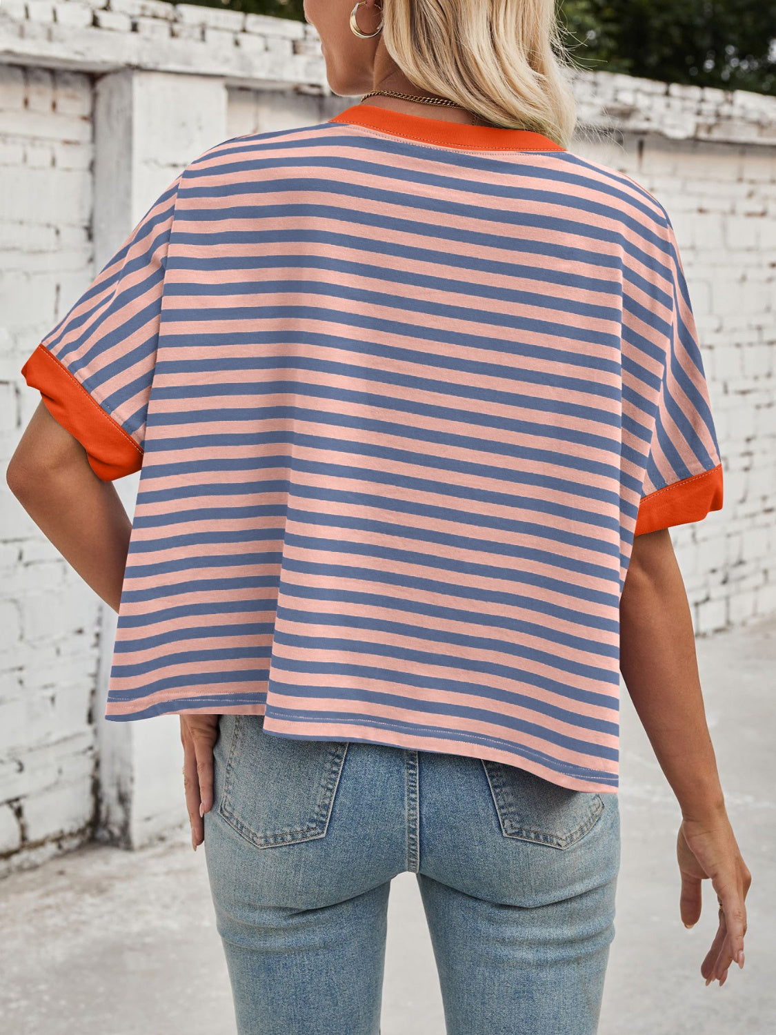 Lovelet Striped Round Neck Short Sleeve T-Shirt-TOPS / DRESSES-[Adult]-[Female]-2022 Online Blue Zone Planet