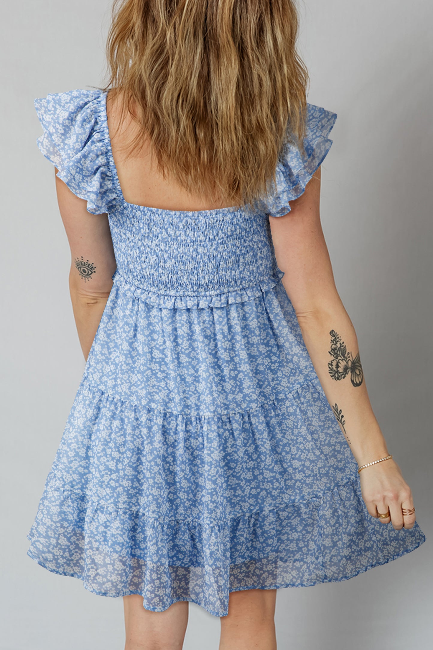 Sky Blue Floral Print Square Neck Flutter Sleeve Smocked Tiered Mini Dress-TOPS / DRESSES-[Adult]-[Female]-2022 Online Blue Zone Planet