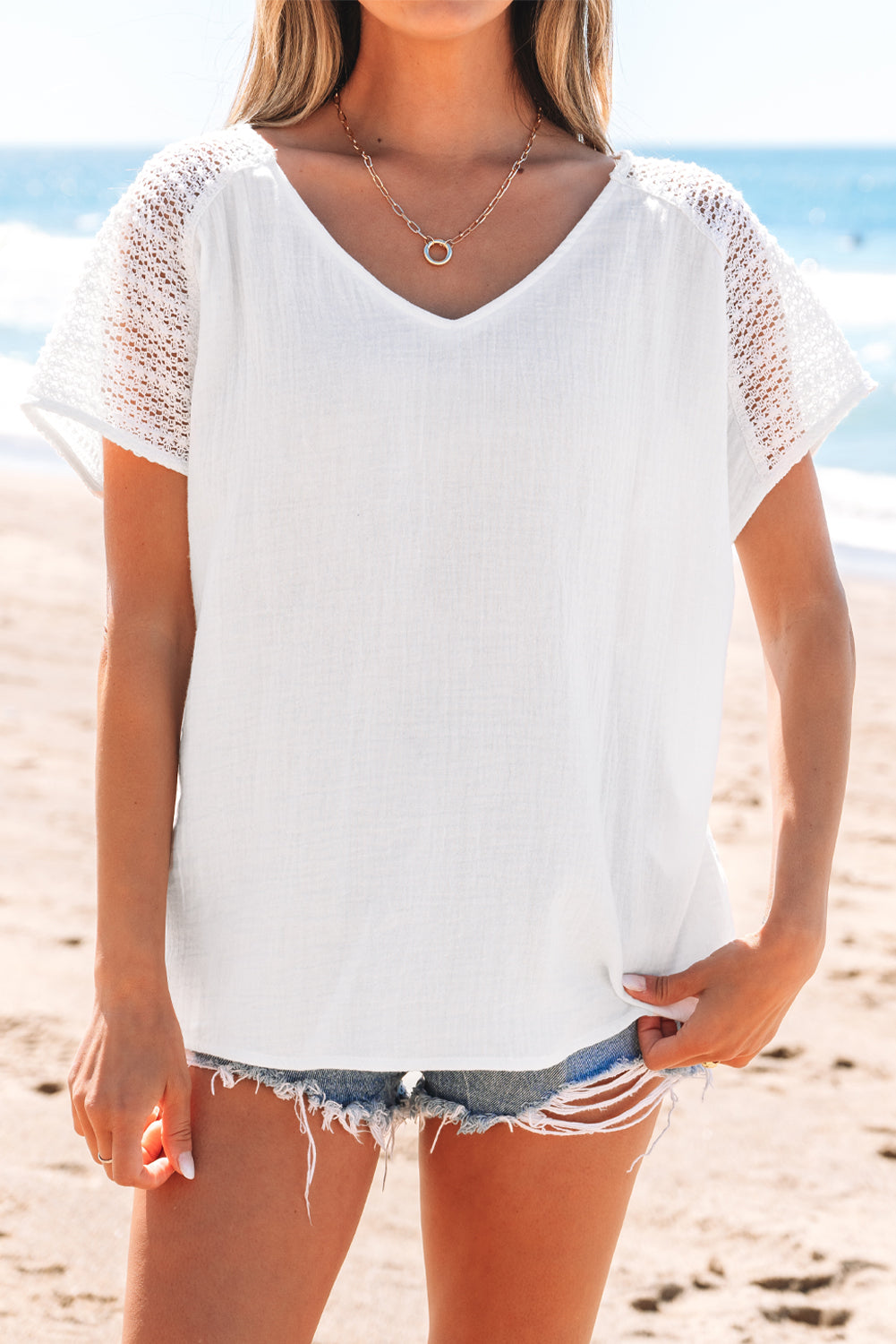 White Lace Crochet Textured Button Back V Neck T Shirt-Tops/Tops & Tees-[Adult]-[Female]-2022 Online Blue Zone Planet