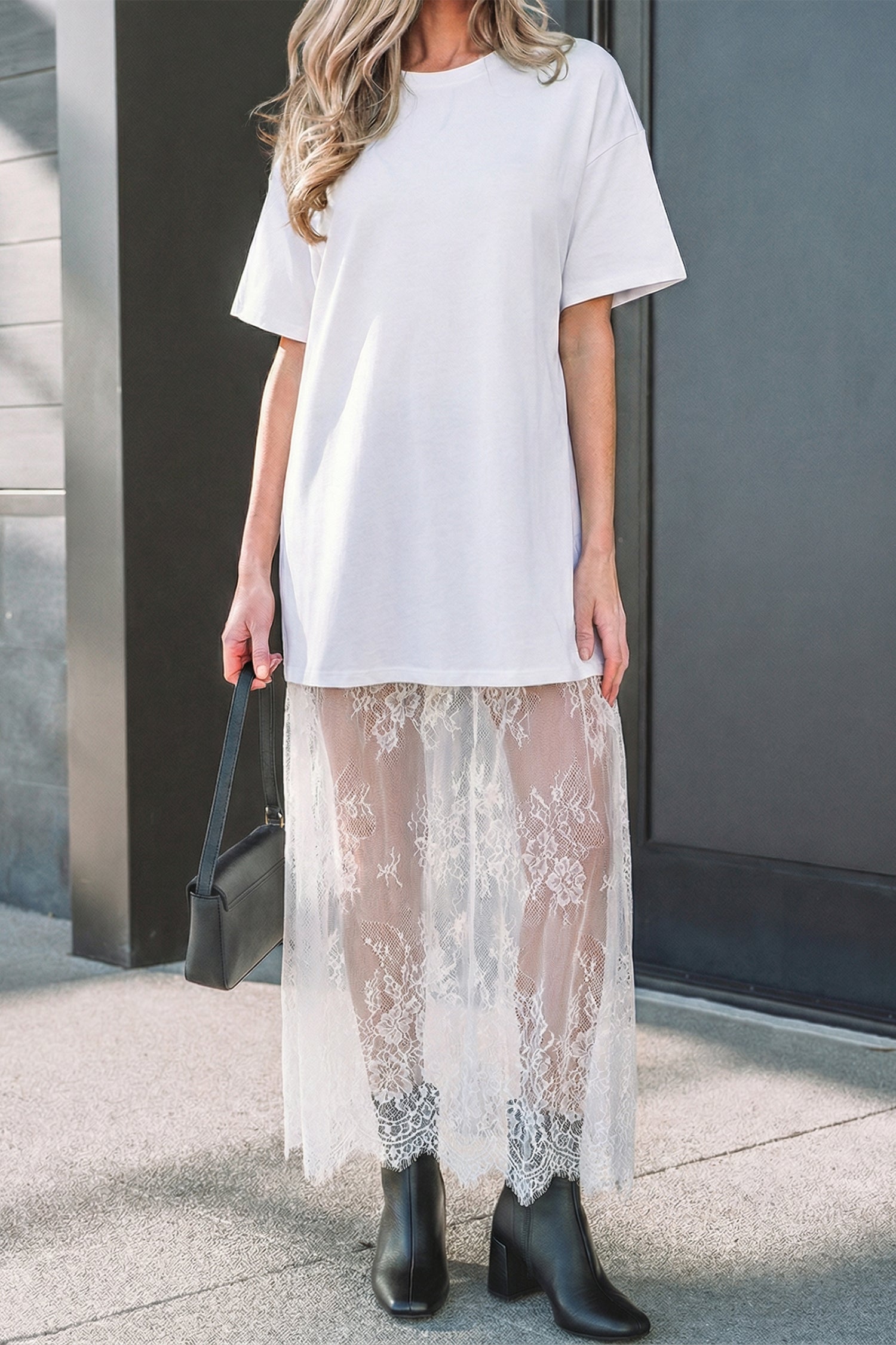 White Floral Patchwork Short Sleeve T Shirt Loose Maxi Dress-TOPS / DRESSES-[Adult]-[Female]-2022 Online Blue Zone Planet