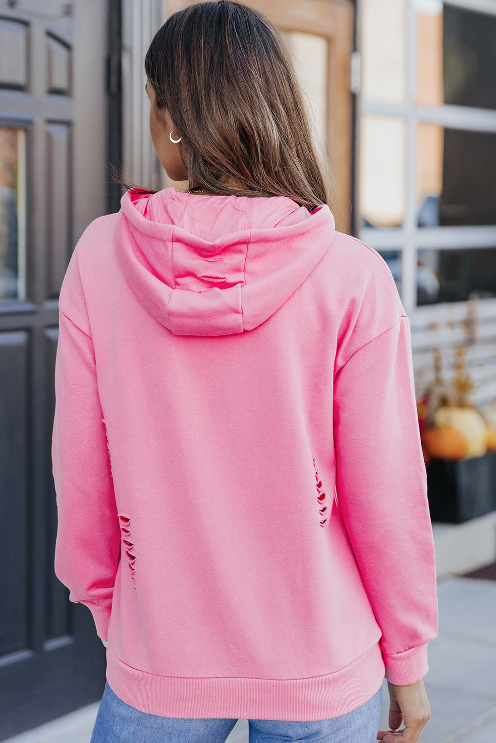 Pink Solid Ripped Hooded Sweatshirt with Kangaroo Pocket-Tops/Sweatshirts & Hoodies-[Adult]-[Female]-2022 Online Blue Zone Planet