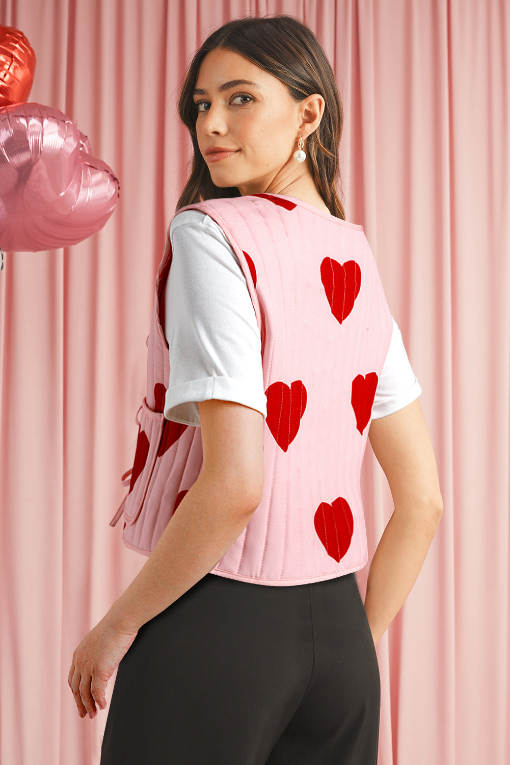 Light Pink Love Printed Lace Up V-Neck Vest-Coats-[Adult]-[Female]-2022 Online Blue Zone Planet