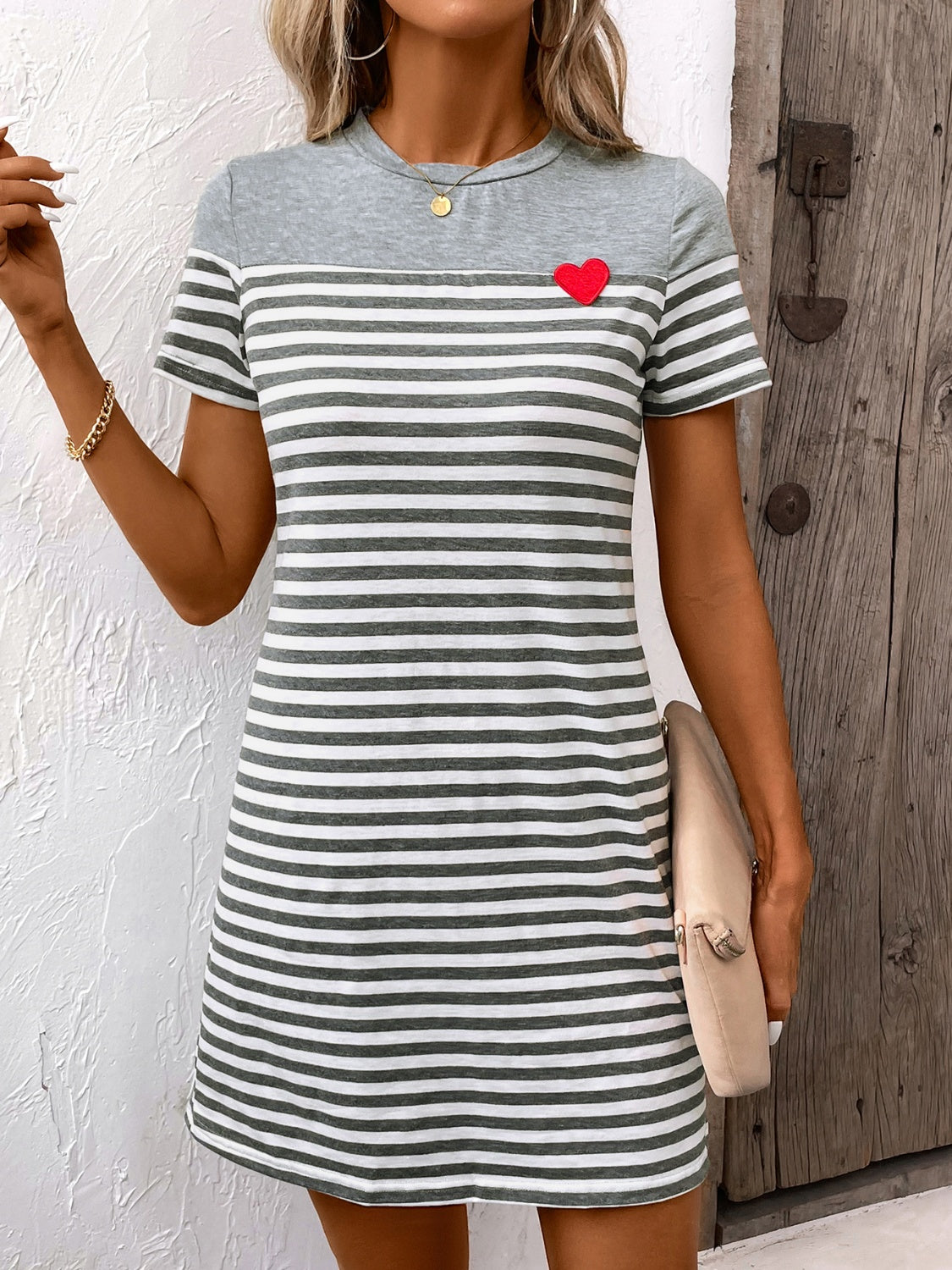 Striped Round Neck Short Sleeve Mini Dress-TOPS / DRESSES-[Adult]-[Female]-Gray-S-2022 Online Blue Zone Planet