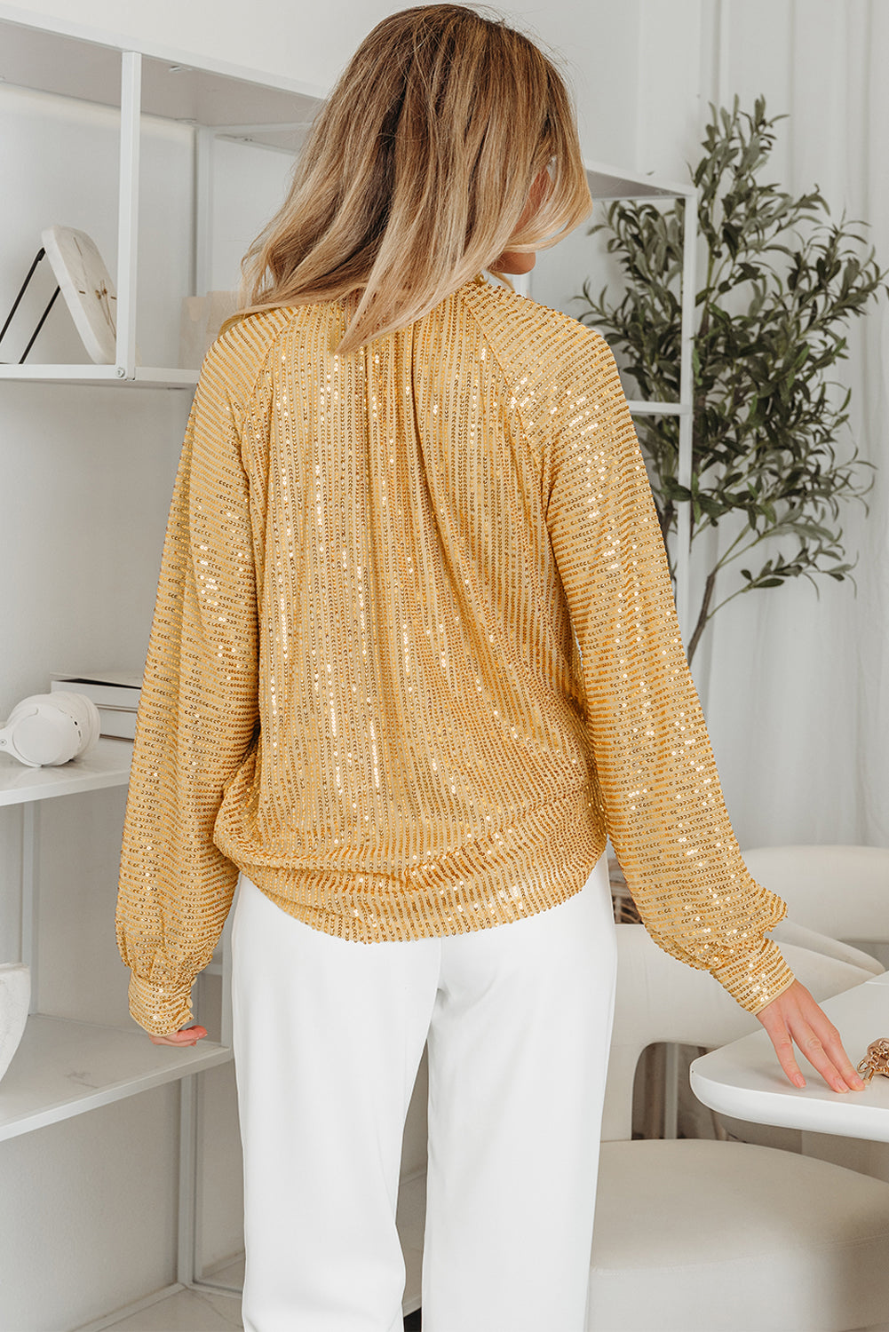 Gold Metallic Balloon Sleeve Buttoned High Neck Loose Blouse-Tops/Blouses & Shirts-[Adult]-[Female]-2022 Online Blue Zone Planet
