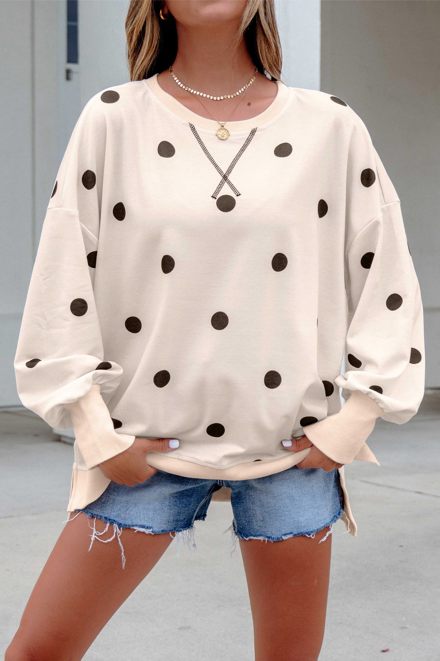 Beige Loose-Fit Long Sleeve Round Neck Polka Dot Tunic Sweatshirt-Tops/Long Sleeve Tops-[Adult]-[Female]-2022 Online Blue Zone Planet