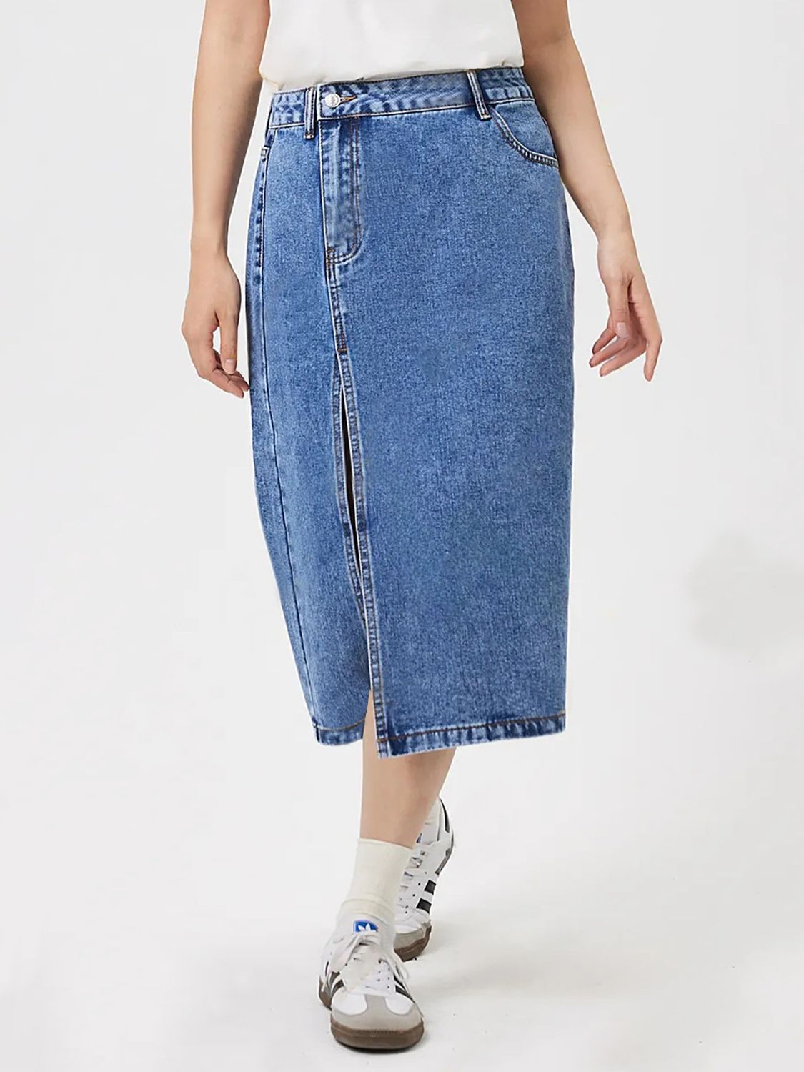 Slit Midi Denim Skirt with Pockets-BOTTOMS SIZES SMALL MEDIUM LARGE-[Adult]-[Female]-2022 Online Blue Zone Planet