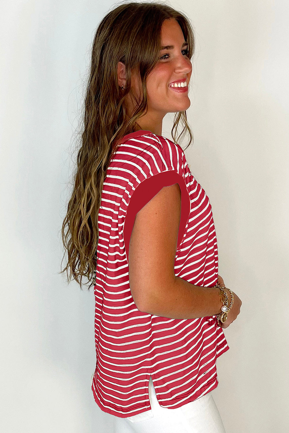 Red Stripe Chest Pocket Patch Round Neck Tank Top-Tops/Tank Tops-[Adult]-[Female]-2022 Online Blue Zone Planet