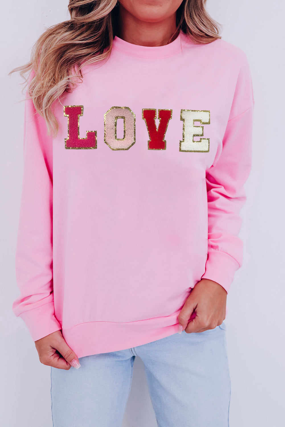 Pink Valentine LOVE Chenille Embroidered Sweatshirt-Graphic/Graphic Sweatshirts-[Adult]-[Female]-Pink-S-2022 Online Blue Zone Planet