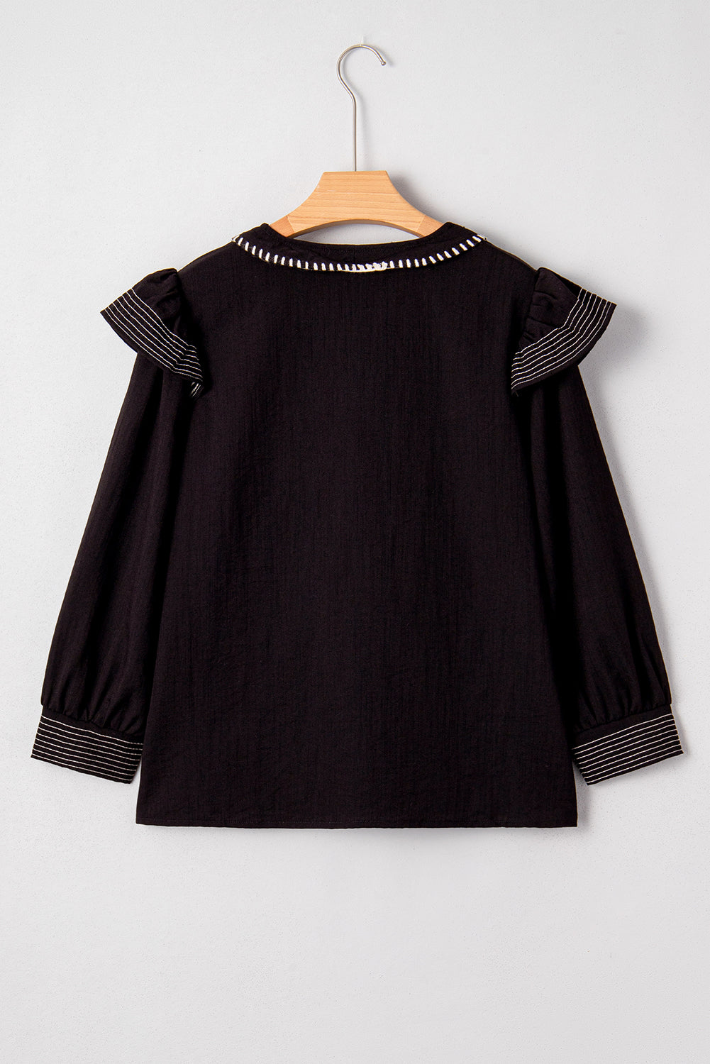 Black Contrast Stitched Detail V Neck Ruffle Long Sleeve Blouse-Tops/Blouses & Shirts-[Adult]-[Female]-2022 Online Blue Zone Planet