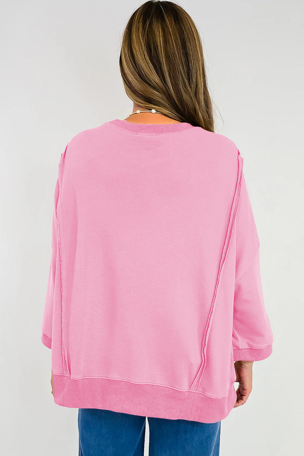 Pink Floral Bow Patched Exposed Seam Patchwork Slit Baggy Sweatshirt-Tops/Sweatshirts & Hoodies-[Adult]-[Female]-2022 Online Blue Zone Planet