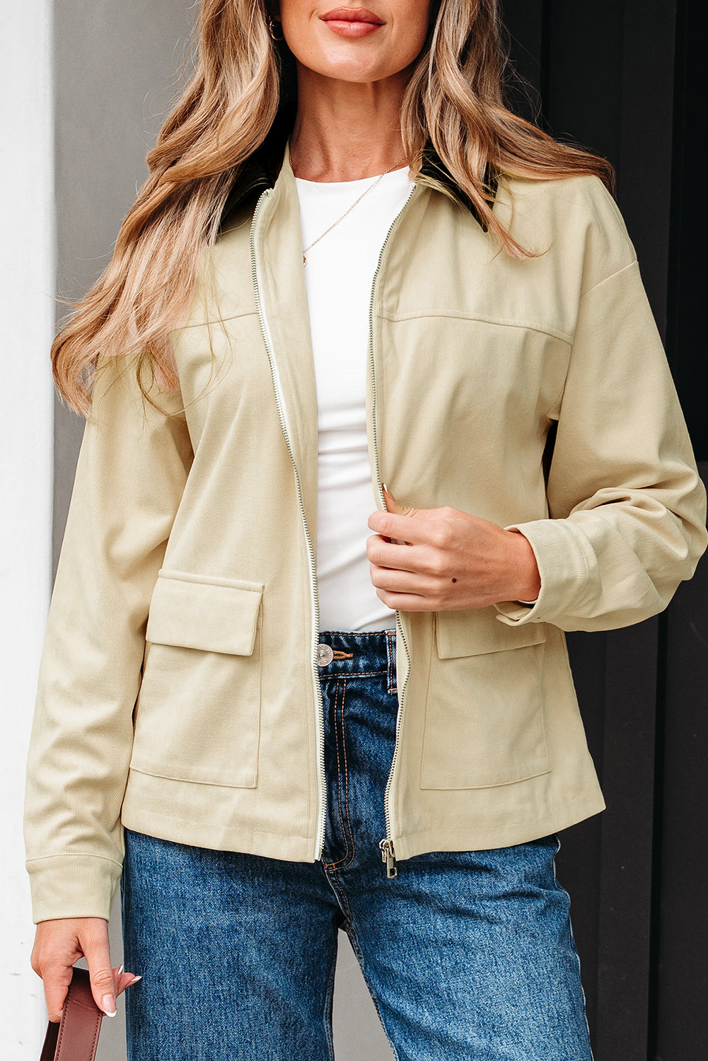 Parchment Contrast Leather Collar Textured Zip Up Jacket-Outerwear/Jackets-[Adult]-[Female]-2022 Online Blue Zone Planet