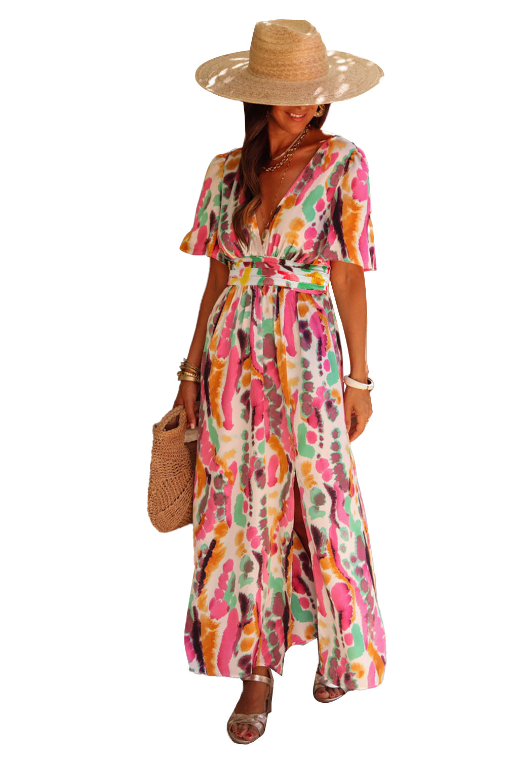 Blue Zone Planet | Pink Boho Tie-dye Print V Neck Maxi Dress-TOPS / DRESSES-[Adult]-[Female]-2022 Online Blue Zone Planet