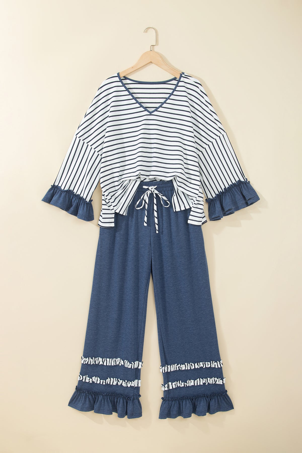 Blue Stripe V Neck Ruffle Contrast Sleeve Top Drawstring Pants 2pcs Set-Two Piece Sets/Pant Sets-[Adult]-[Female]-2022 Online Blue Zone Planet