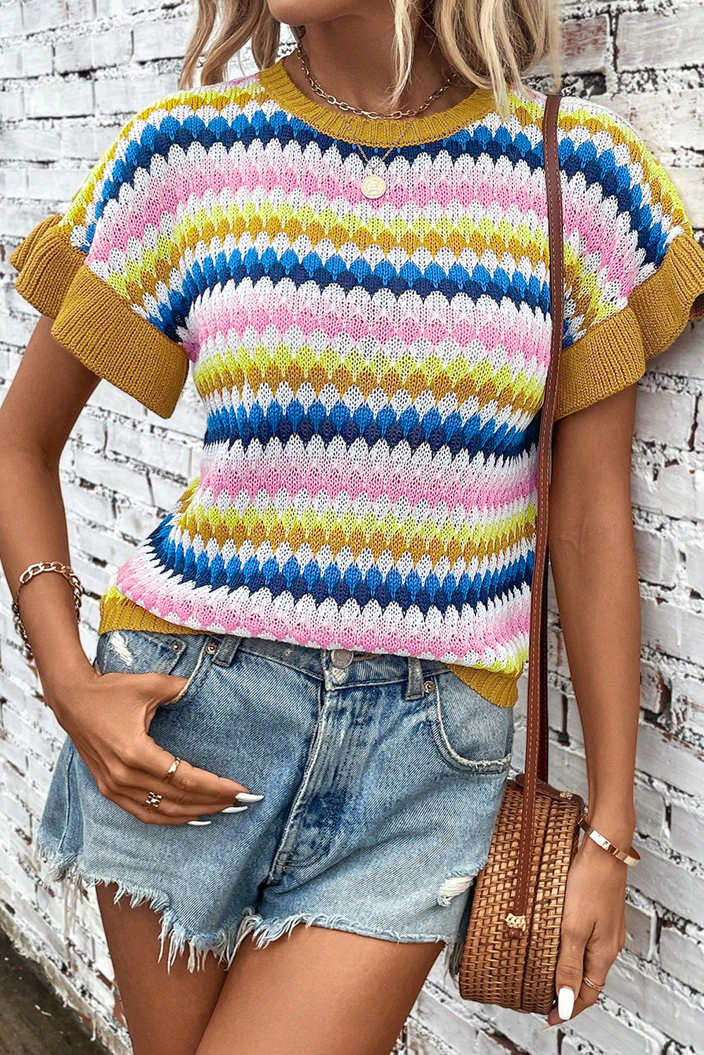 Khaki Trimmed Ruffle Sleeve Colorful Textured Sweater-TOPS / DRESSES-[Adult]-[Female]-Khaki-S-2022 Online Blue Zone Planet