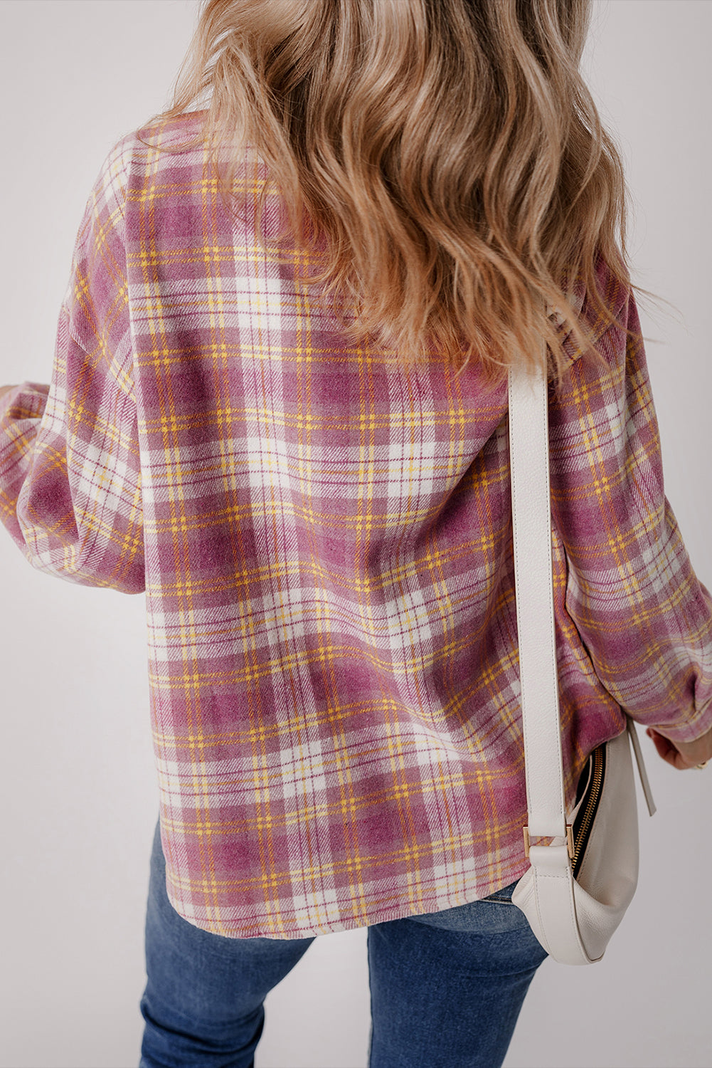 Pink Plaid Print Chest Pocket Long Sleeve Shacket-Outerwear/Plaid Shackets-[Adult]-[Female]-2022 Online Blue Zone Planet