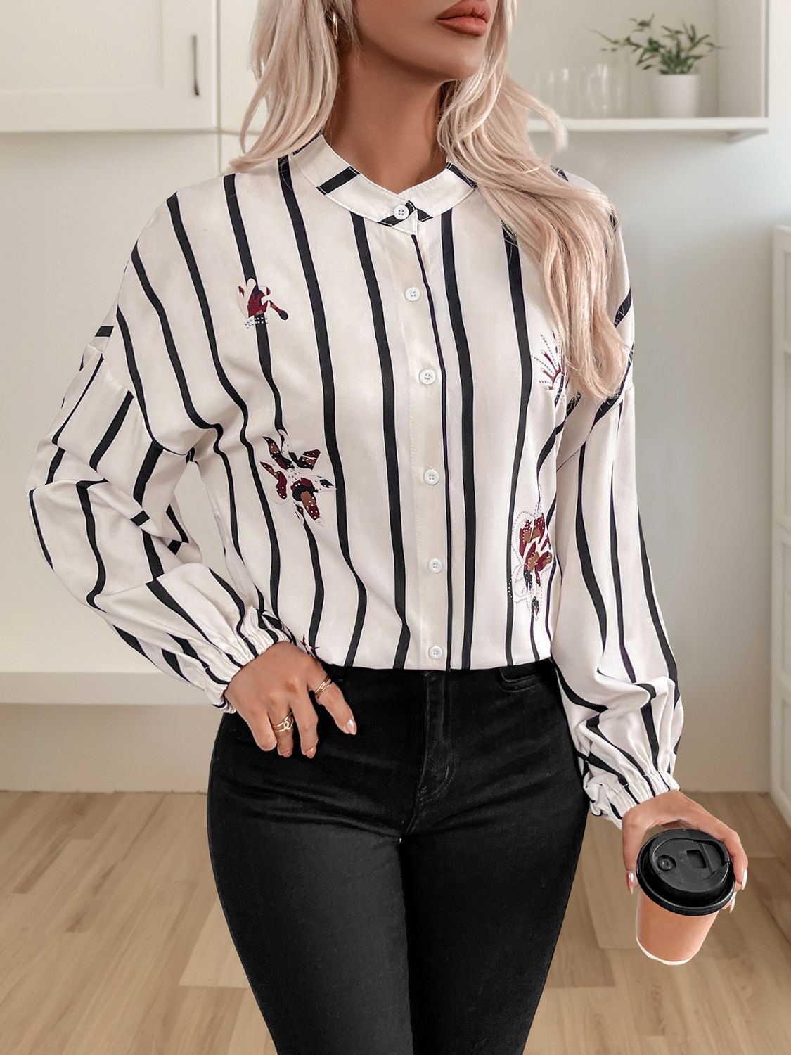 Blue Zone Planet | Perfee Striped Collared Neck Long Sleeve Shirt-TOPS / DRESSES-[Adult]-[Female]-2022 Online Blue Zone Planet