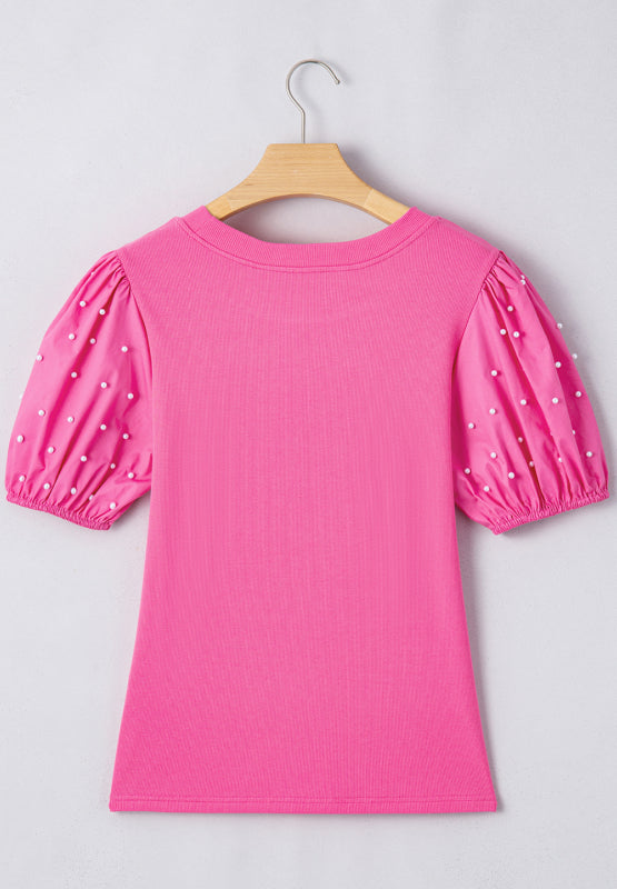 Pearl Detail Round Neck Puff Sleeve Blouse-TOPS / DRESSES-[Adult]-[Female]-2022 Online Blue Zone Planet