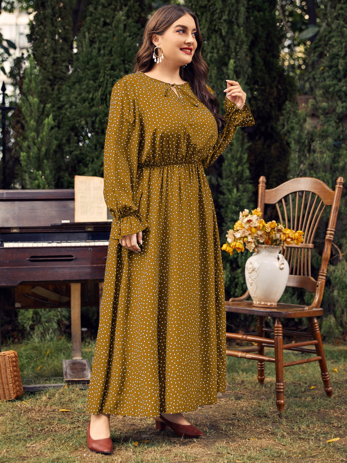 Plus Size Ruffled Polka Dot Long Sleeve Midi Dress-TOPS / DRESSES-[Adult]-[Female]-2022 Online Blue Zone Planet