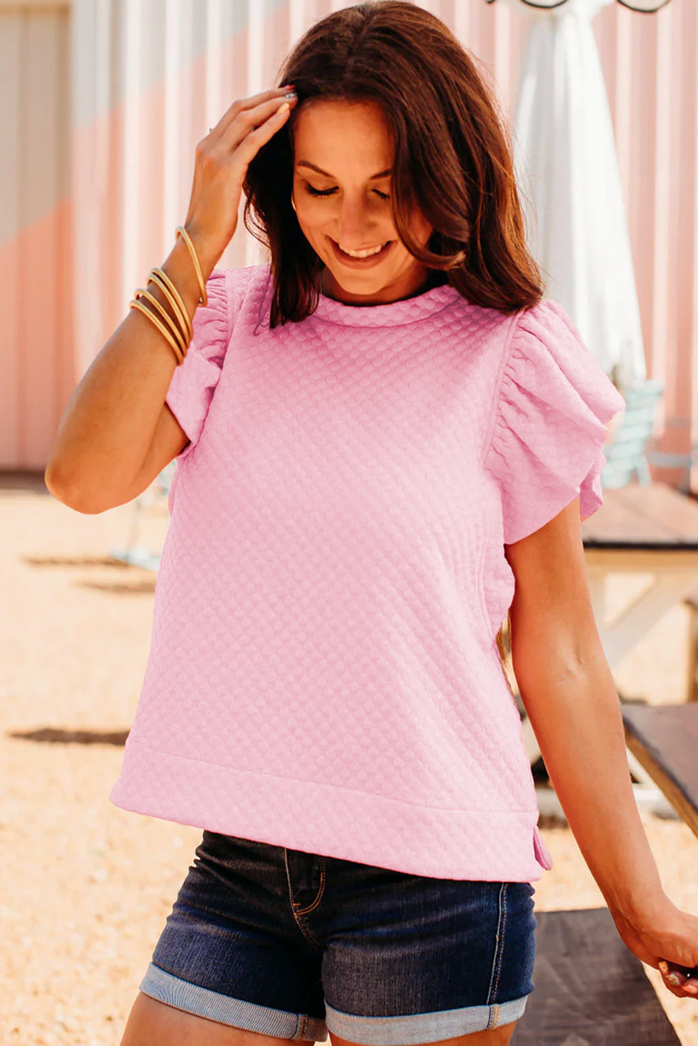 Pink Textured Ruffle Short Sleeve Pullover Top-Tops/Tops & Tees-[Adult]-[Female]-2022 Online Blue Zone Planet