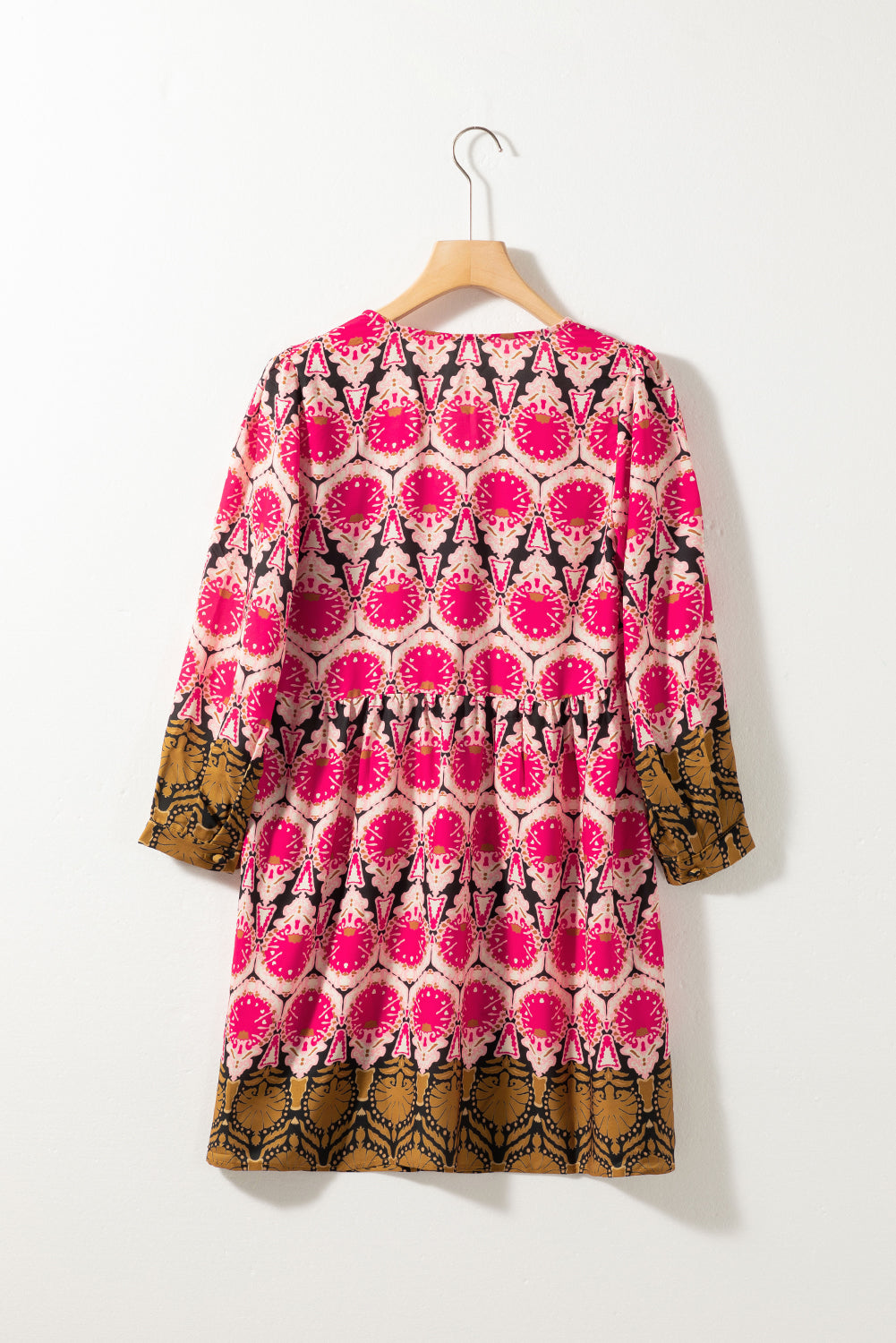 Strawberry Pink Retro Printed V Neck Bracelet Sleeve Dress-TOPS / DRESSES-[Adult]-[Female]-2022 Online Blue Zone Planet